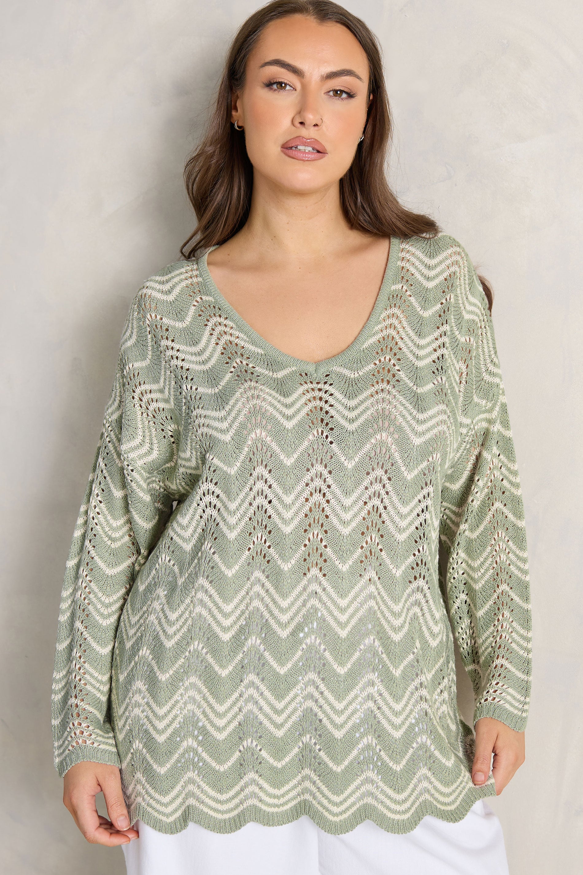 EVANS Plus Size Sage Green Wave Stitch V-Neck Jumper | Evans 3