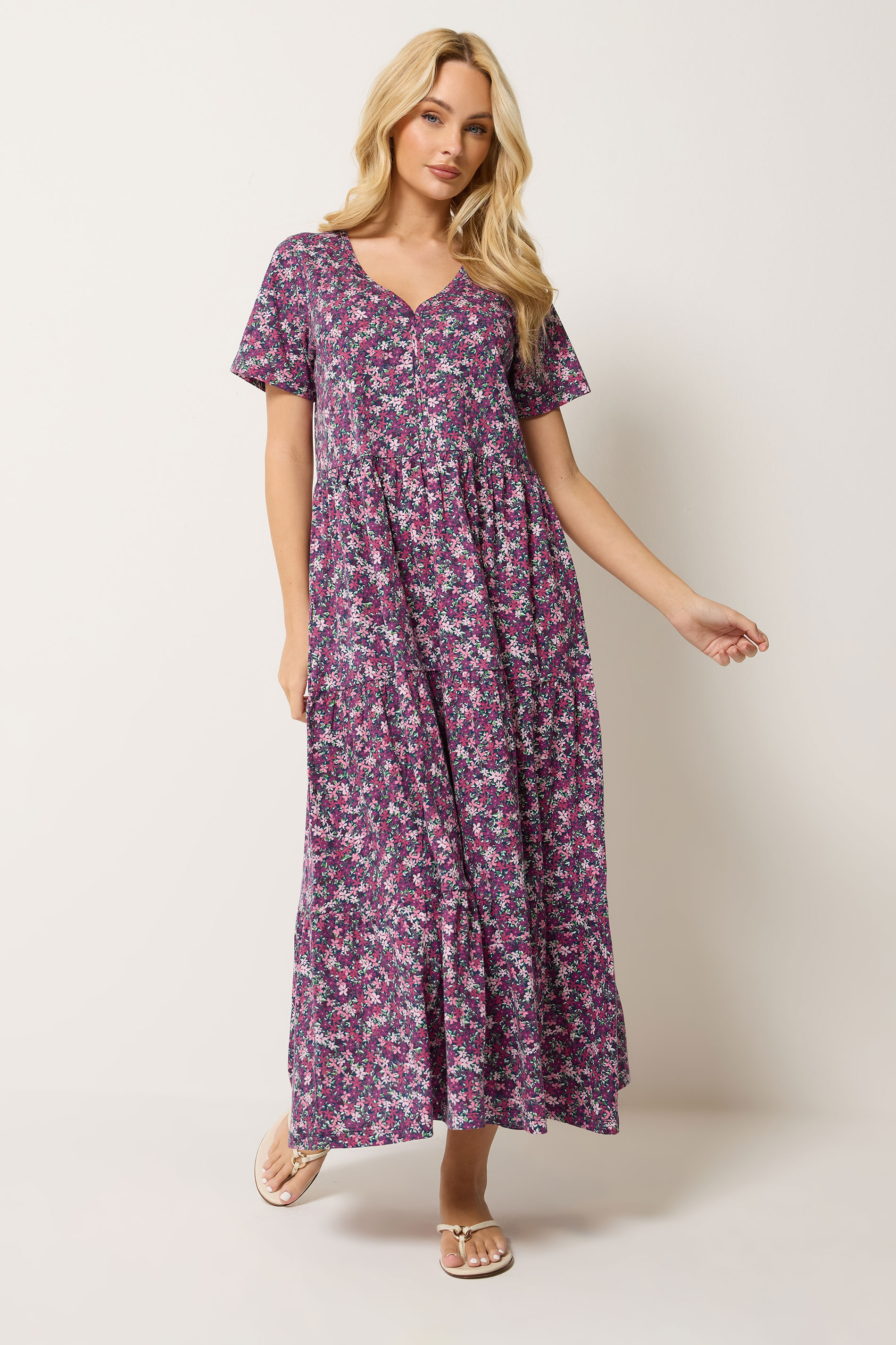 M&Co Berry Purple Ditsy Floral Cotton Tiered Maxi Dress | M&Co 3