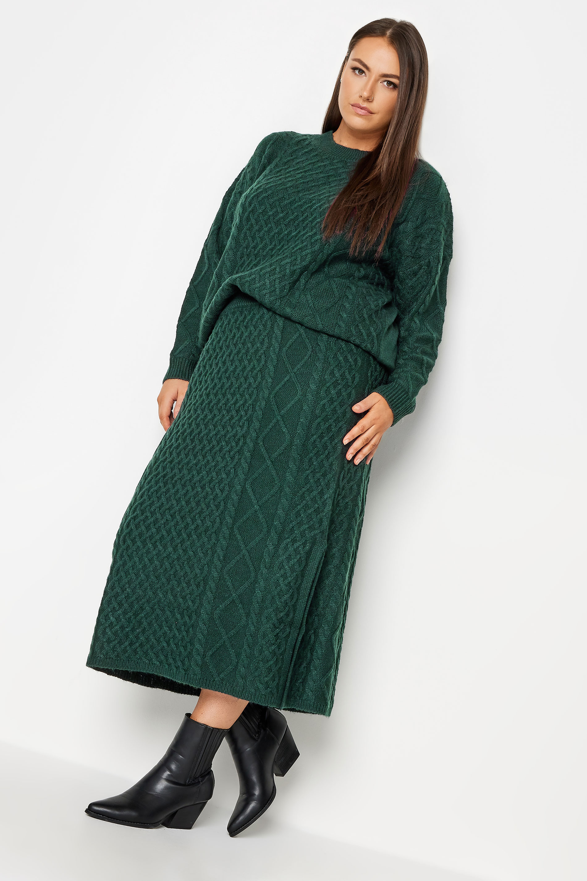 YOURS Plus Size Green Cable Knit Jumper | Yours Clothing 2