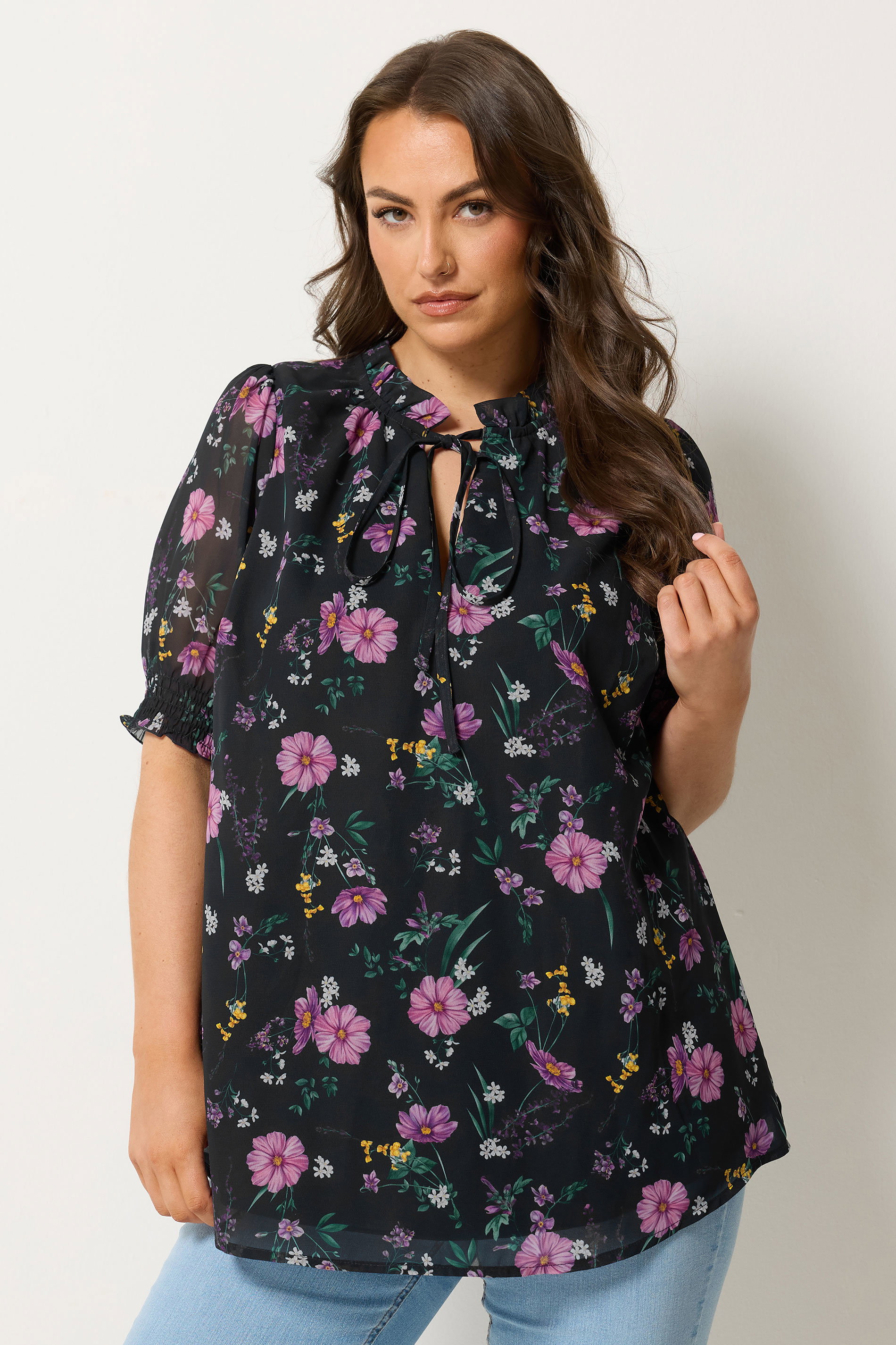 YOURS Plus Size Black Floral Frill Tie Neck Blouse | Yours Clothing 3