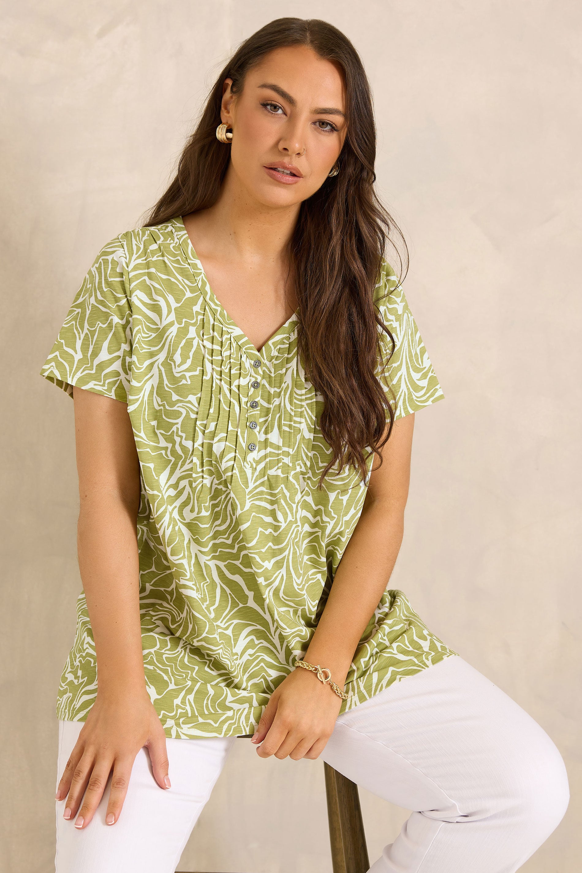 EVANS Plus Size Green Abstract Print Cotton Henley Top | Evans 3