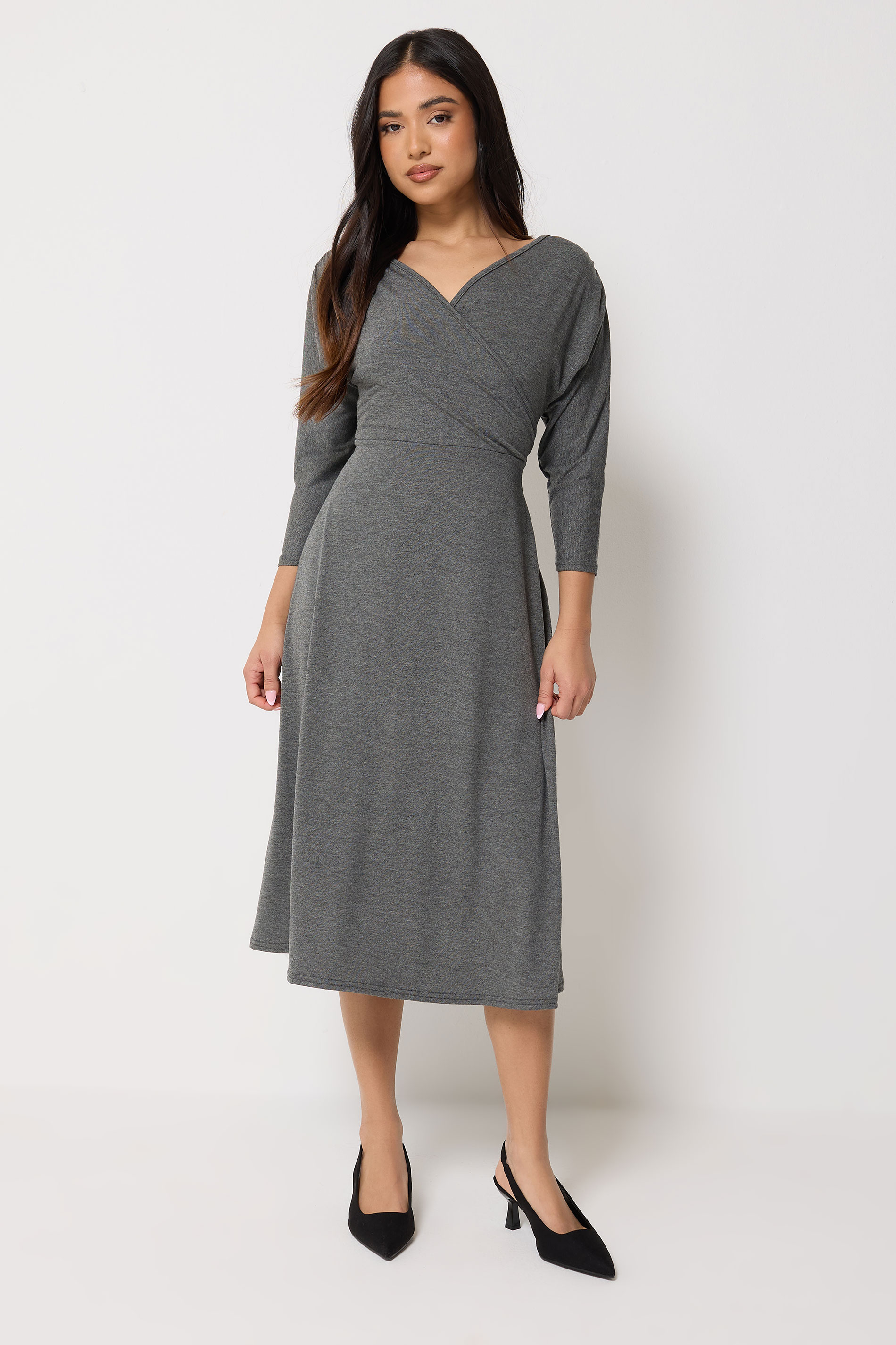 PixieGirl Petite Women's Charcoal Grey Wrap Midi Dress | PixieGirl 3