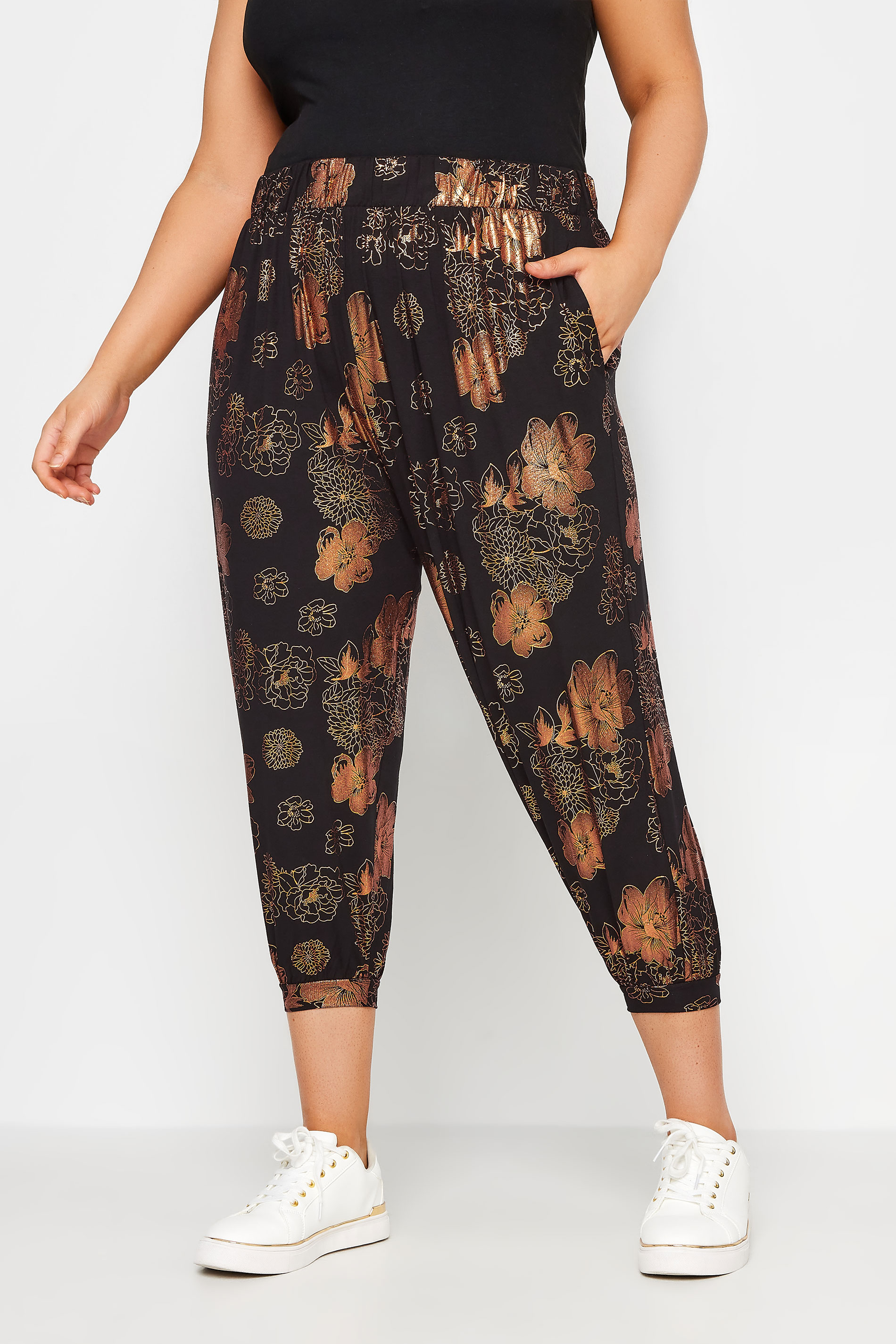 YOURS Plus Size Black Metallic Floral Print Cropped Harem Joggers | Yours Clothing 1