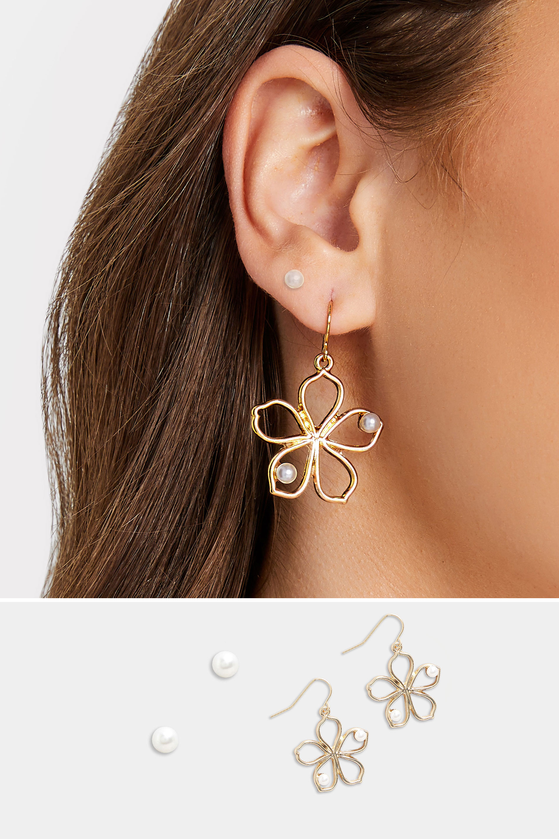 2 PACK Gold Flower Pearl Drop Earrings | Yours Clothing 1