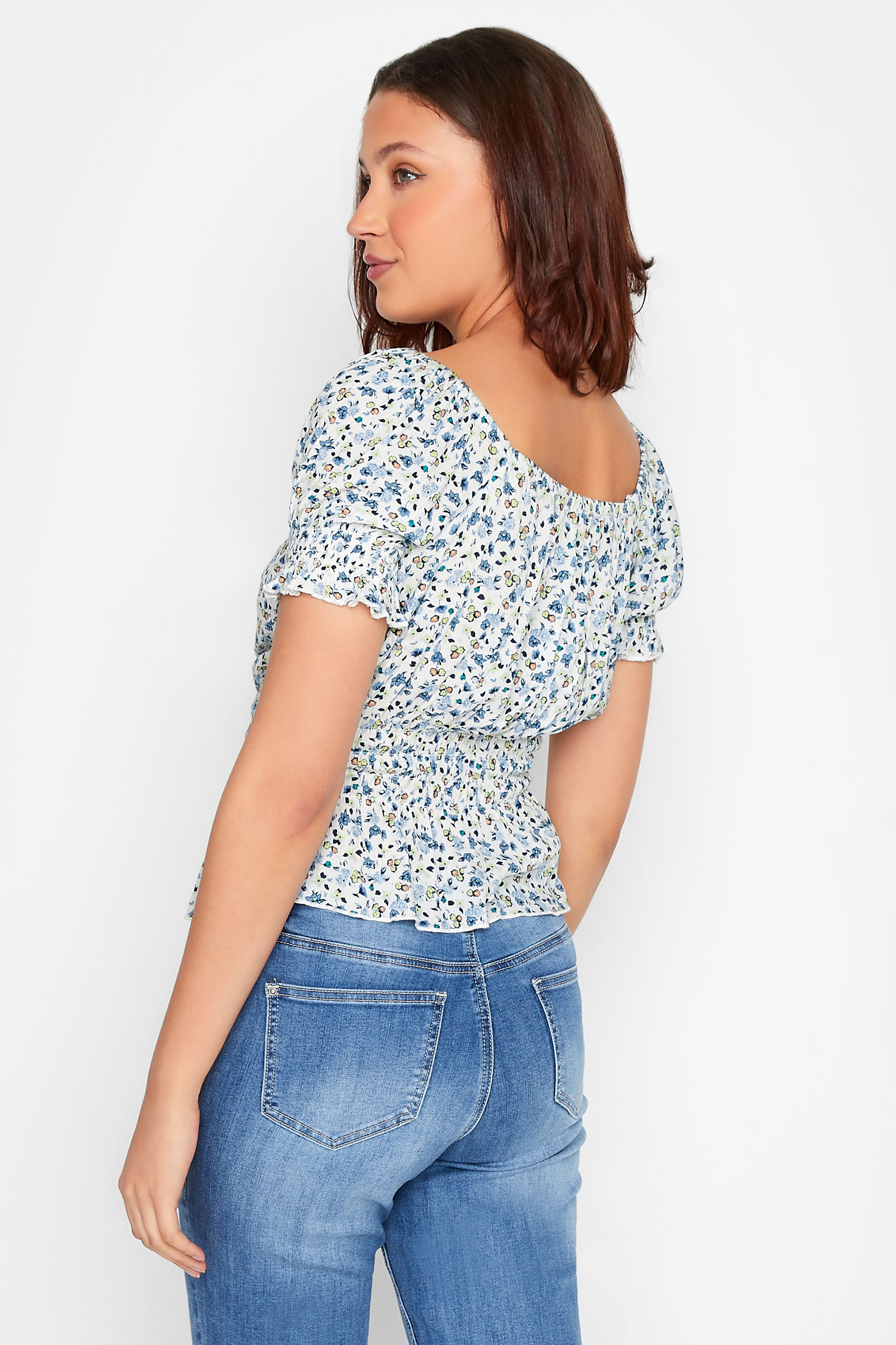 LTS Tall Women's White & Blue Floral Crinkle Bardot Top | Long Tall Sally 3