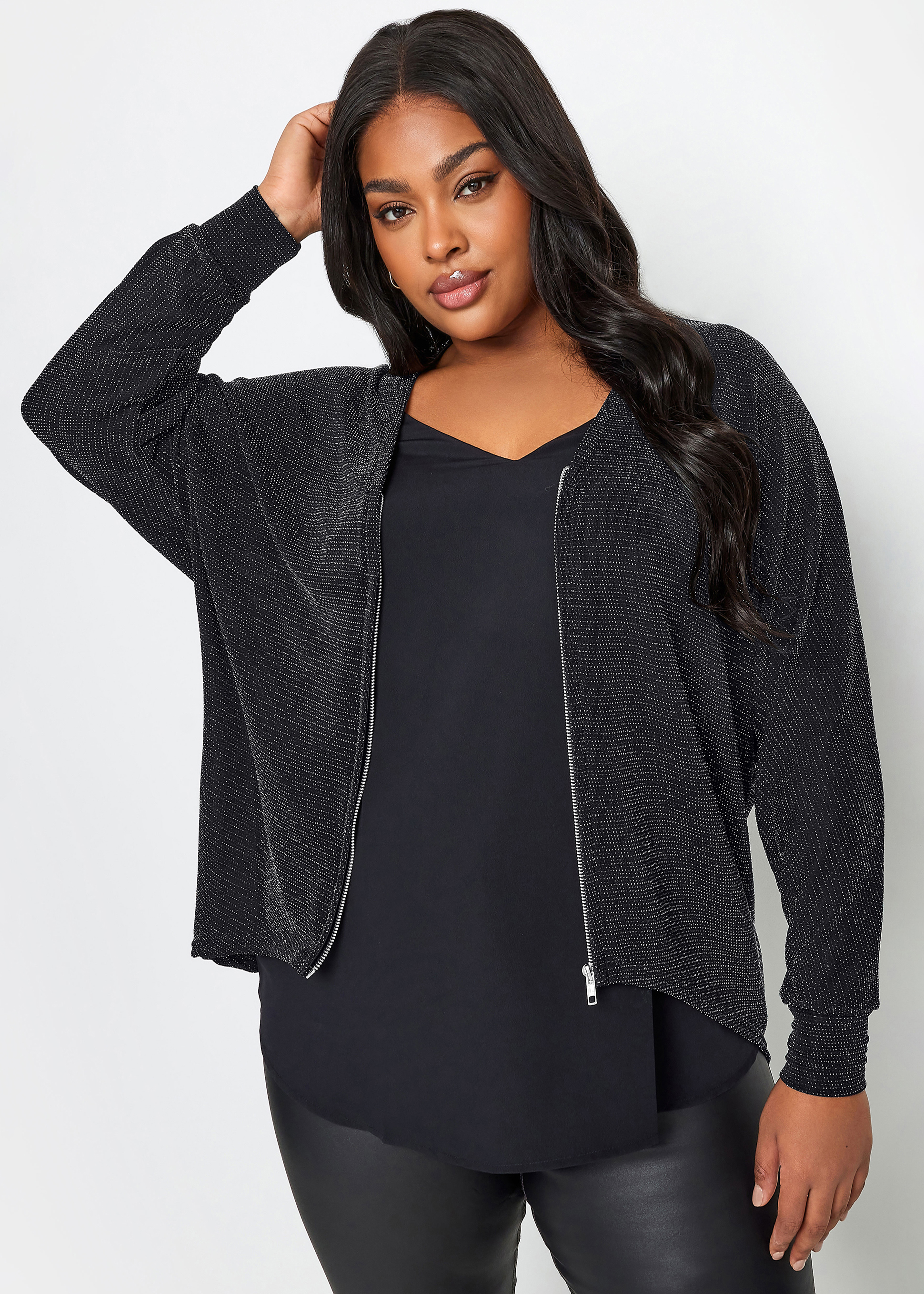 YOURS Plus Size Black Glitter Zip Through Top | Yours Clothing 2