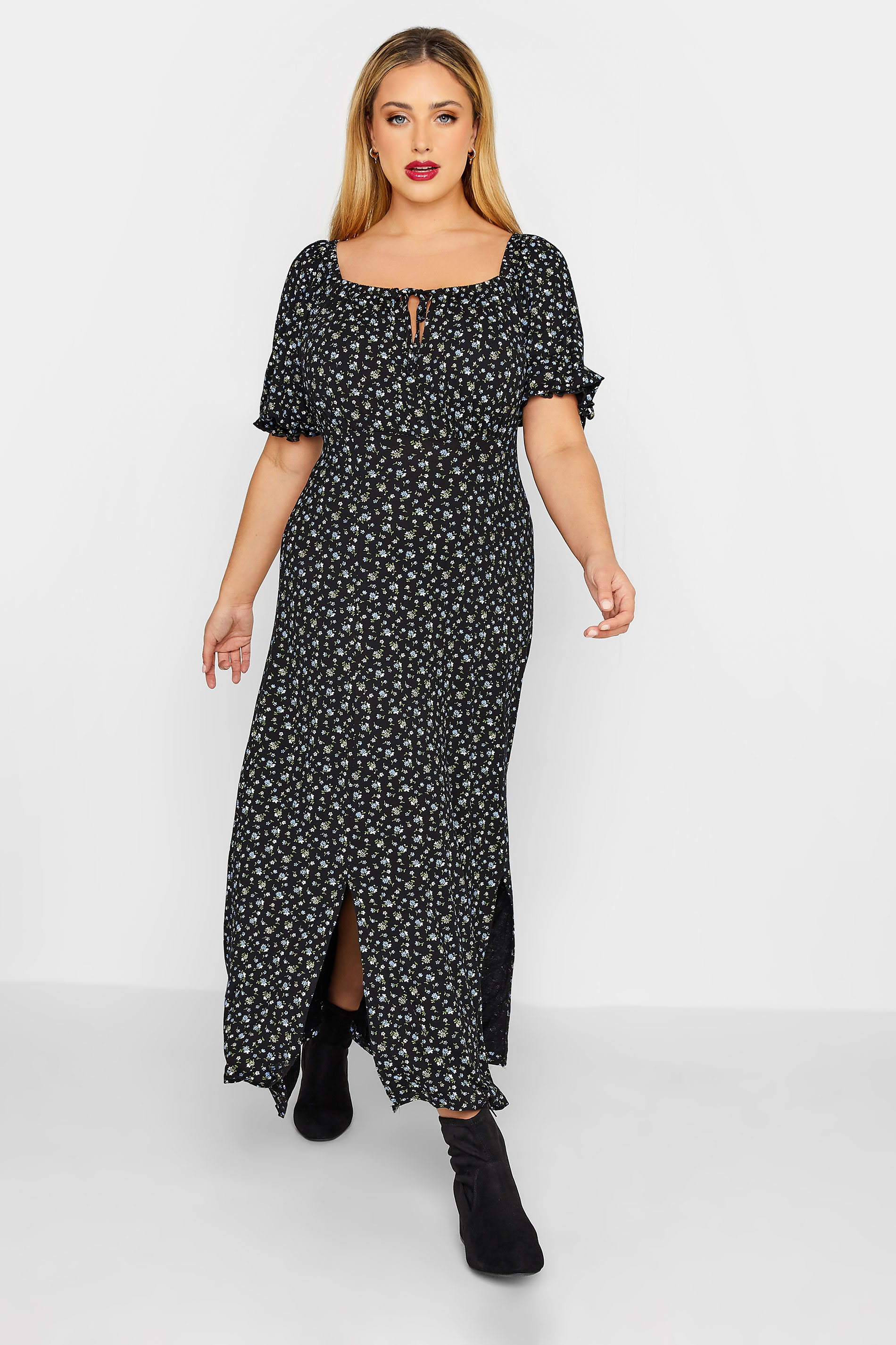 LIMITED COLLECTION Plus Size Black Floral Milkmaid Side Split Maxi Dress | Yours Clothing  1