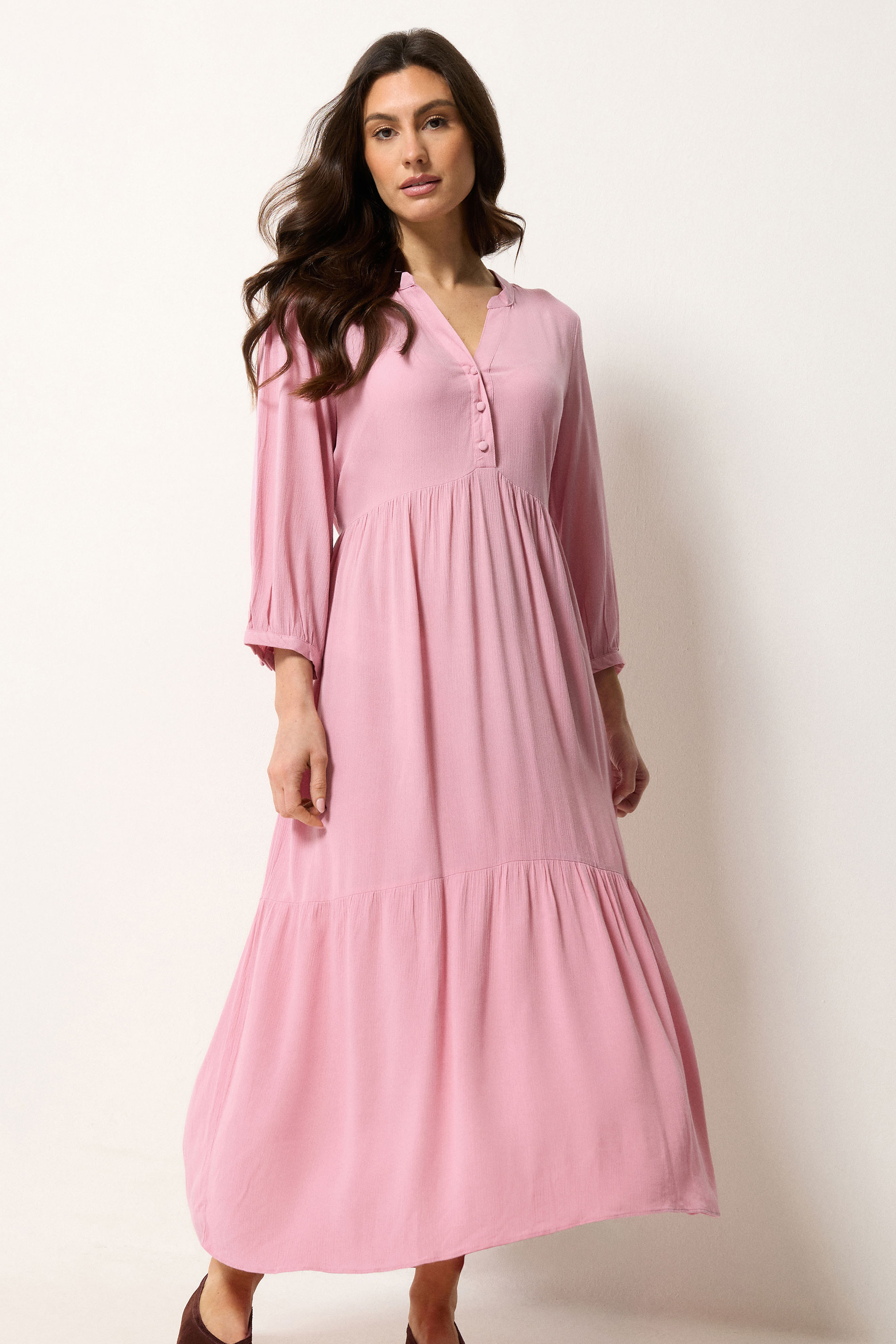 M&Co Pink Tiered Half Placket Maxi Dress | M&Co 3