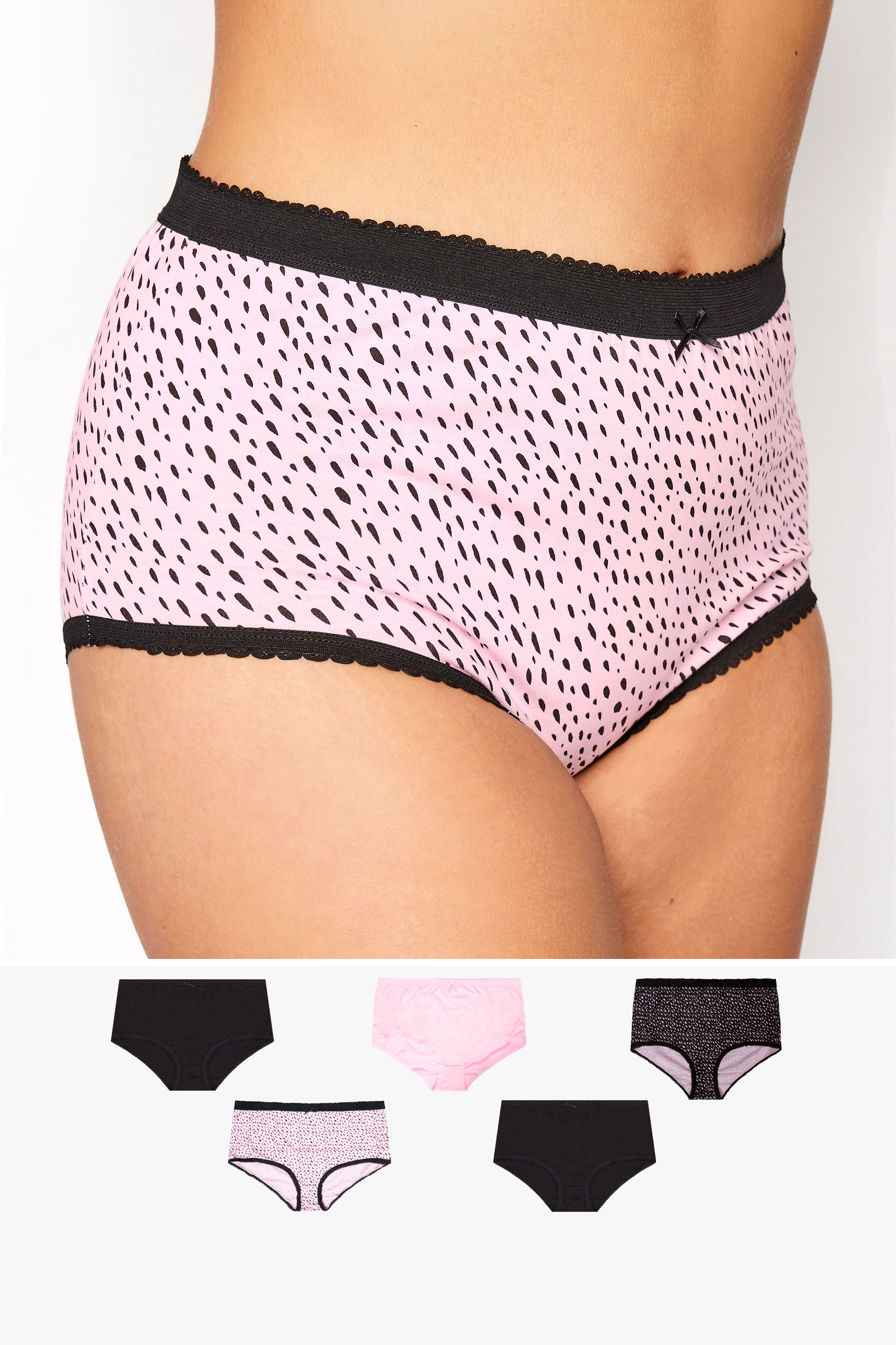 Plus Size 5 PACK Pink & Black Abstract Print High Waisted Full Briefs | Yours Clothing 1