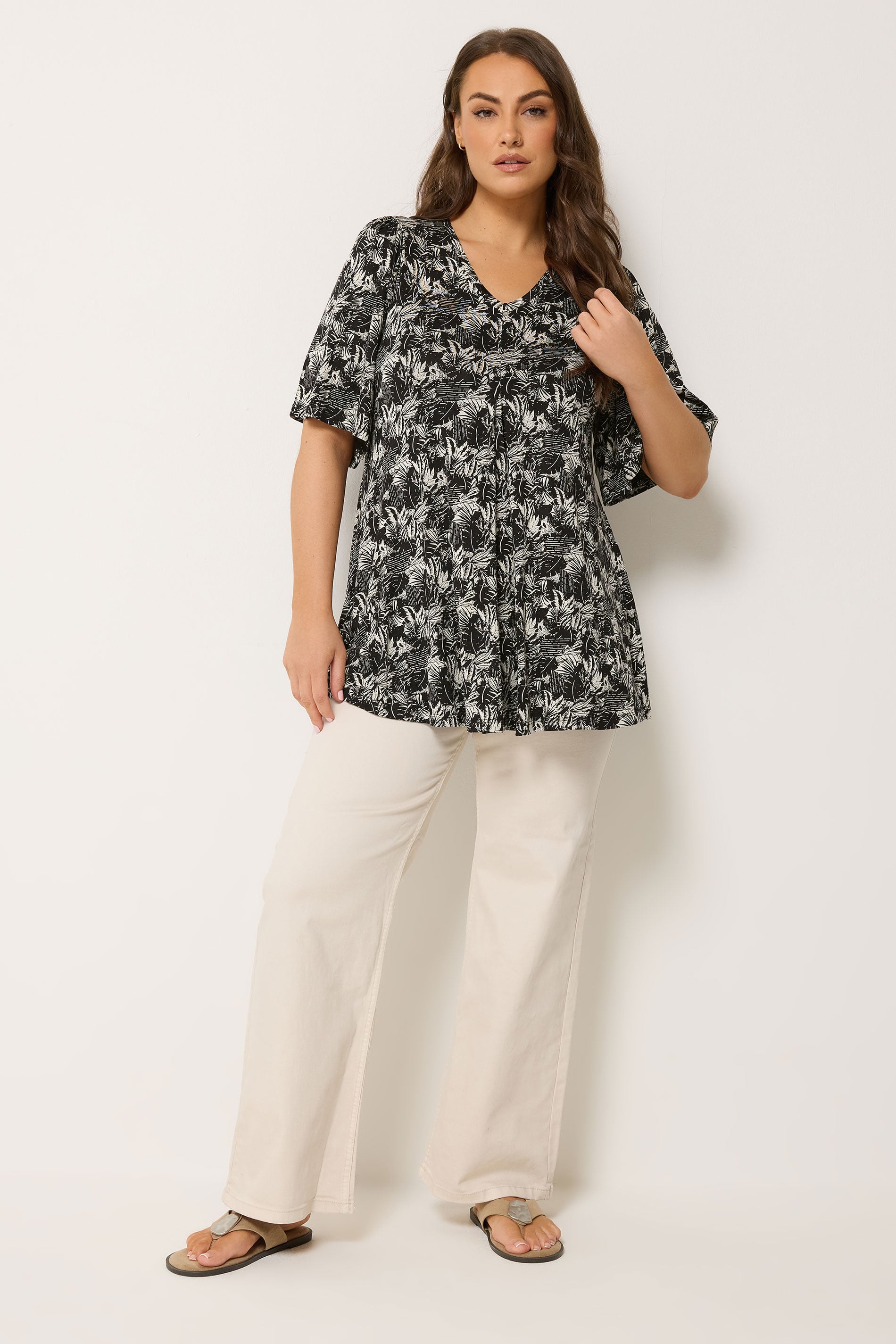 YOURS Plus Size  Black Palm Leaf Pleat Front Top | Yours Clothing 1