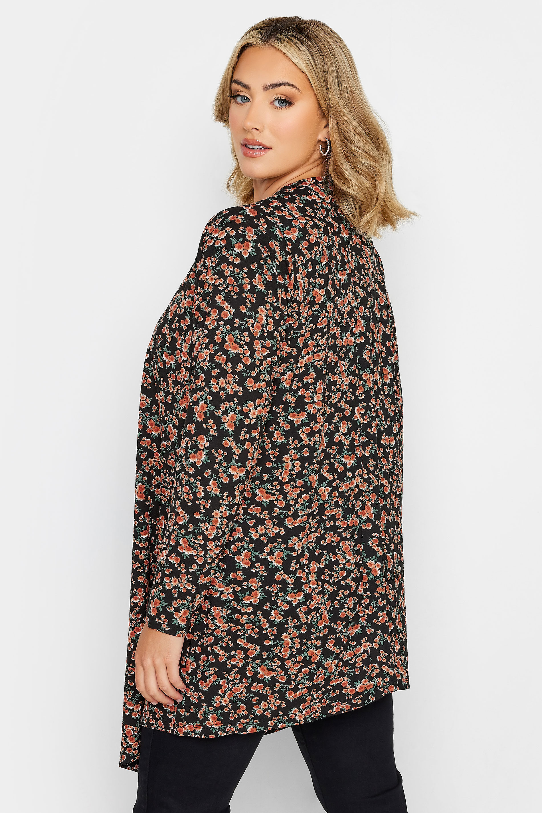 YOURS Plus Size Black Ditsy Floral Print Waterfall Cardigan | Yours Clothing 3