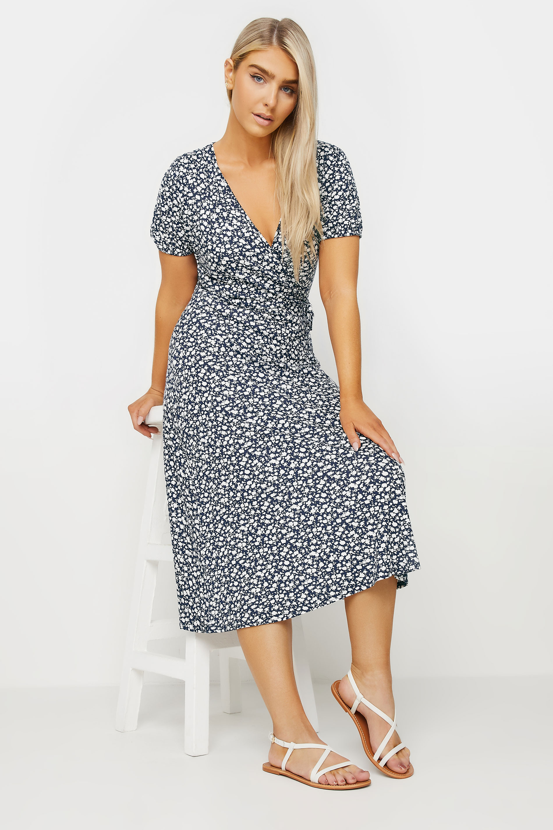 M&Co Navy Blue Ditsy Floral Print Midi Wrap Dress | M&Co 2