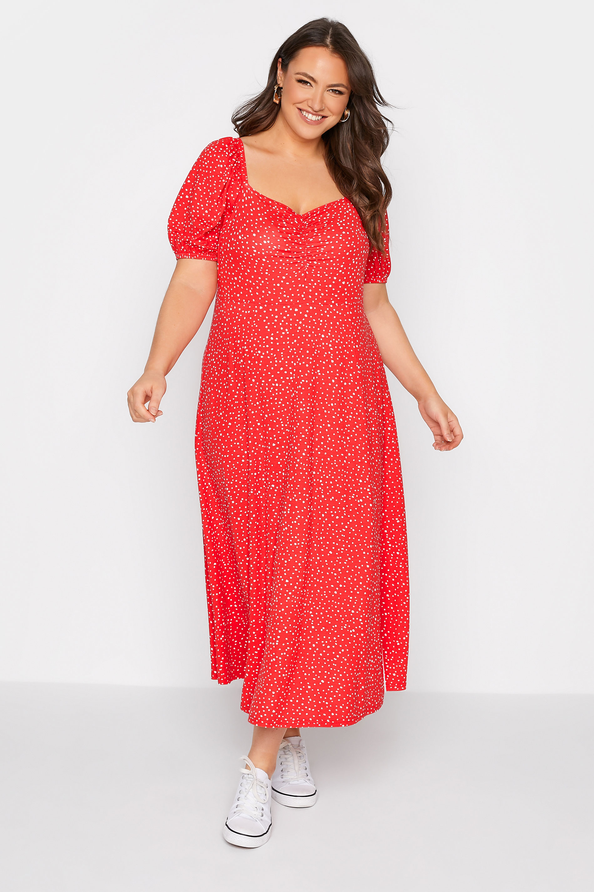 Plus Size Red Spot Print Sweetheart Midaxi Dress | Yours Clothing  1