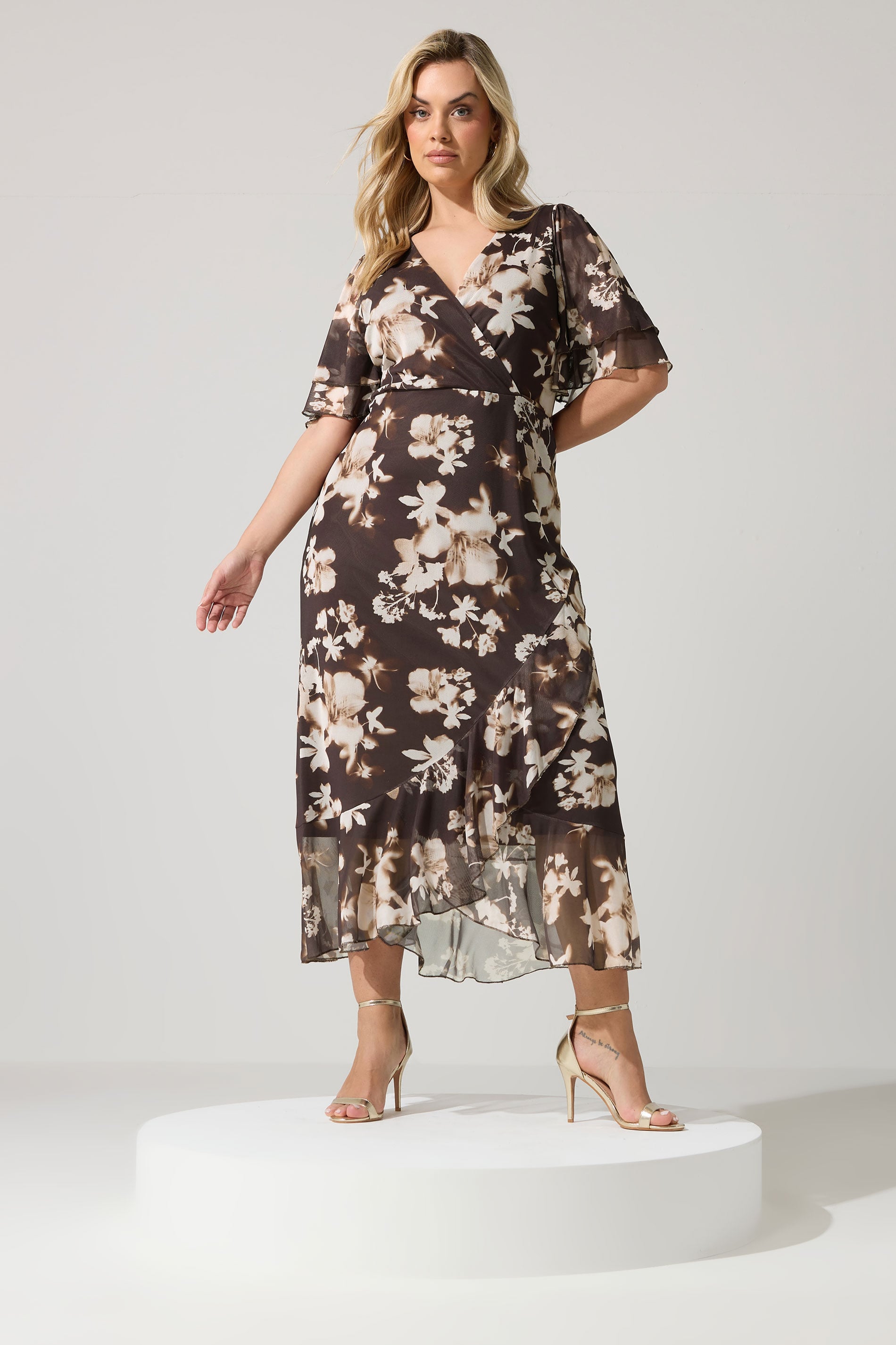 YOURS LONDON Plus Size Chocolate Brown Blurred Floral Wrap Dress | Yours Clothing 1