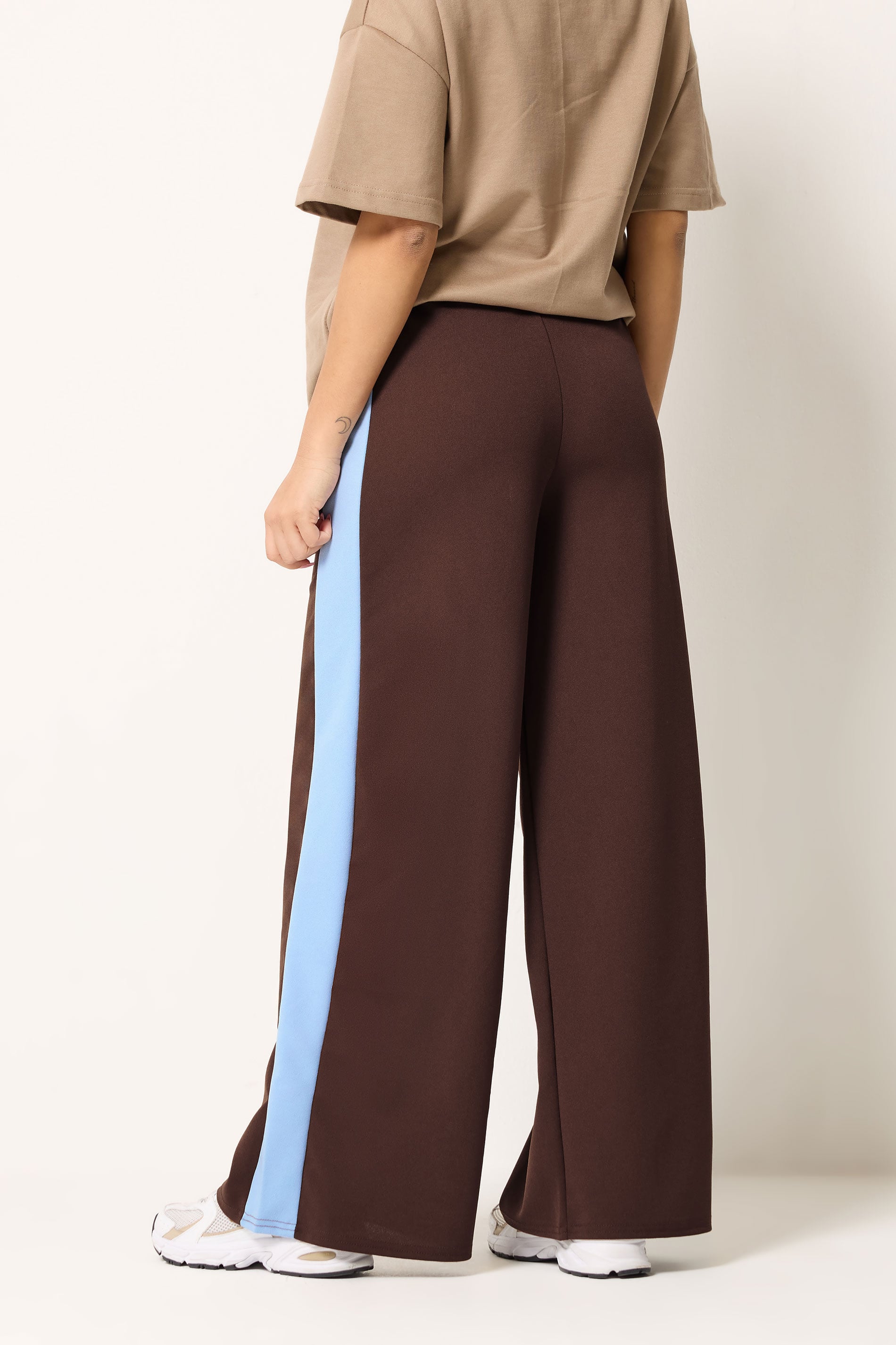 PixieGirl Petite Women's Chocolate Brown Side Stripe Scuba Wide Leg Trousers | PixieGirl 2