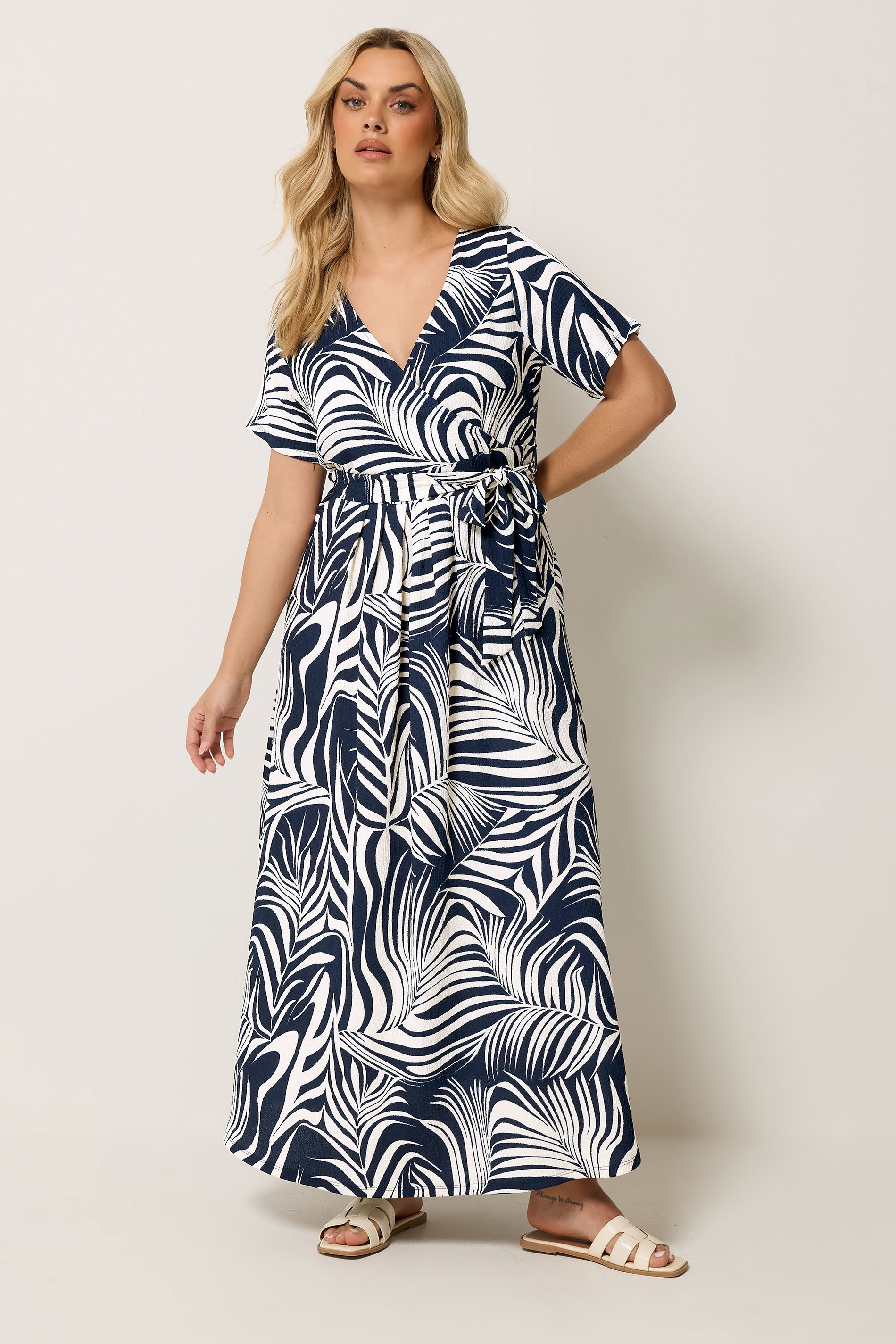 YOURS Plus Size Blue Leaf Print Wrap Front Dress | Yours Clothing 1