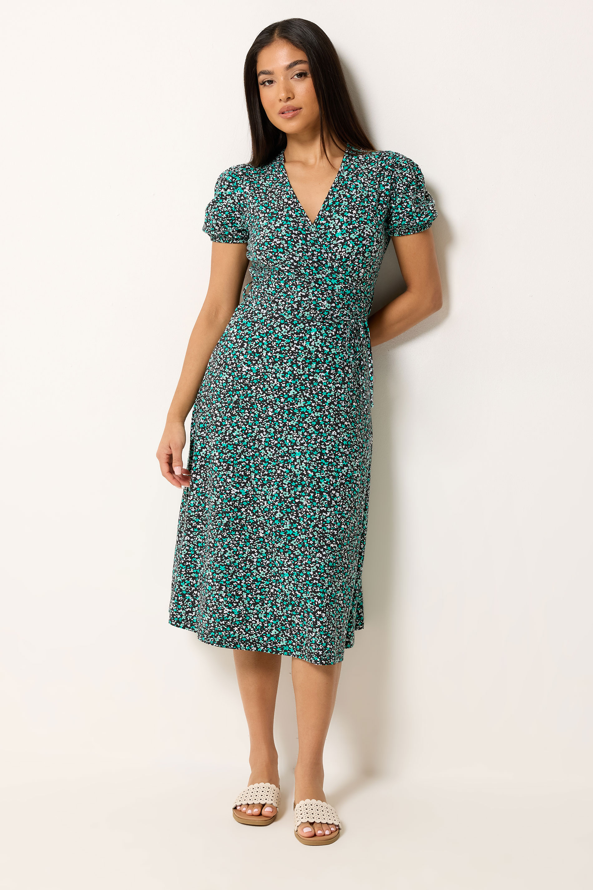 M&Co Petite Green Ditsy Floral Midi Wrap Dress | M&Co 3