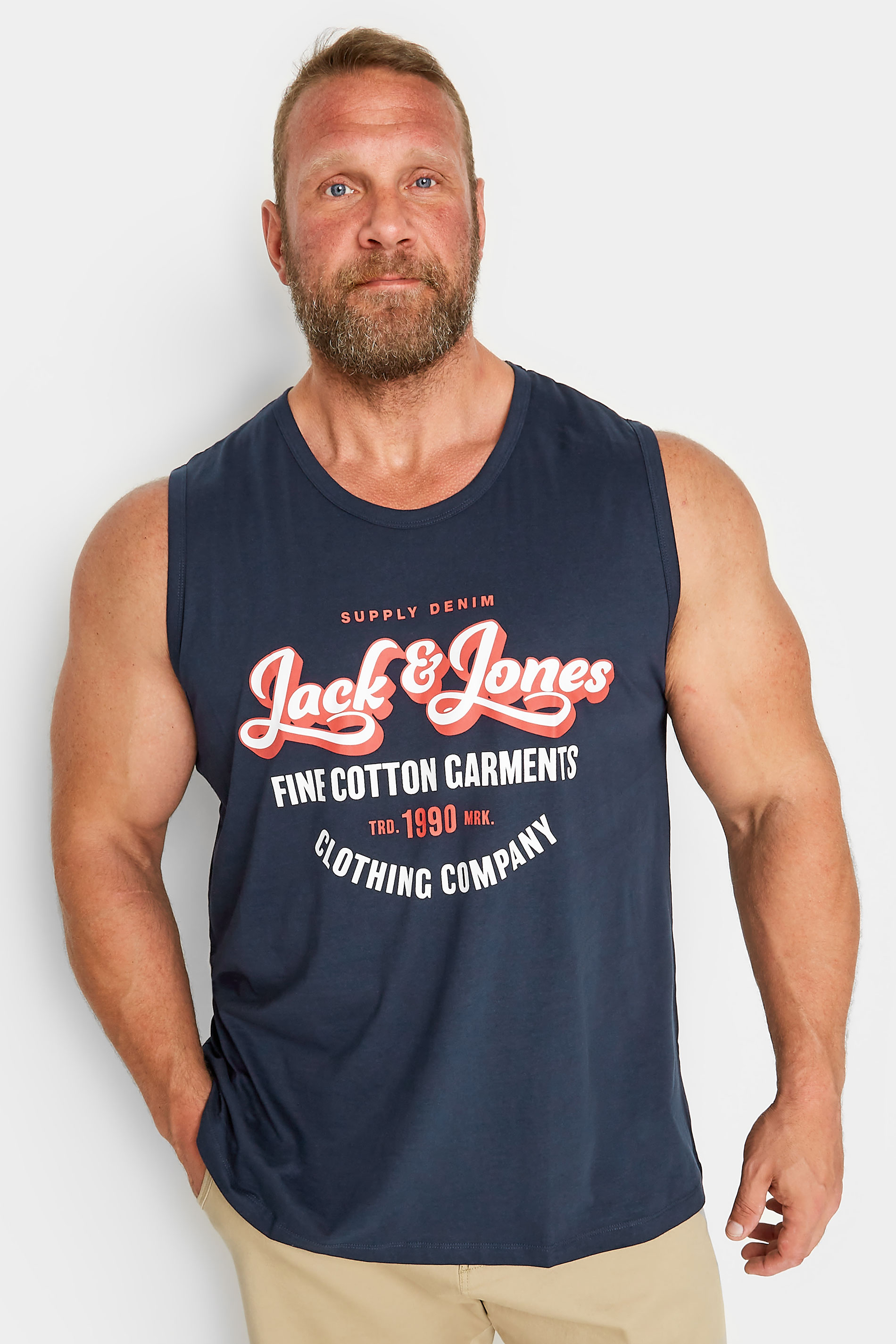 JACK & JONES Big & Tall Navy Blue Logo Vest Top | BadRhino 1