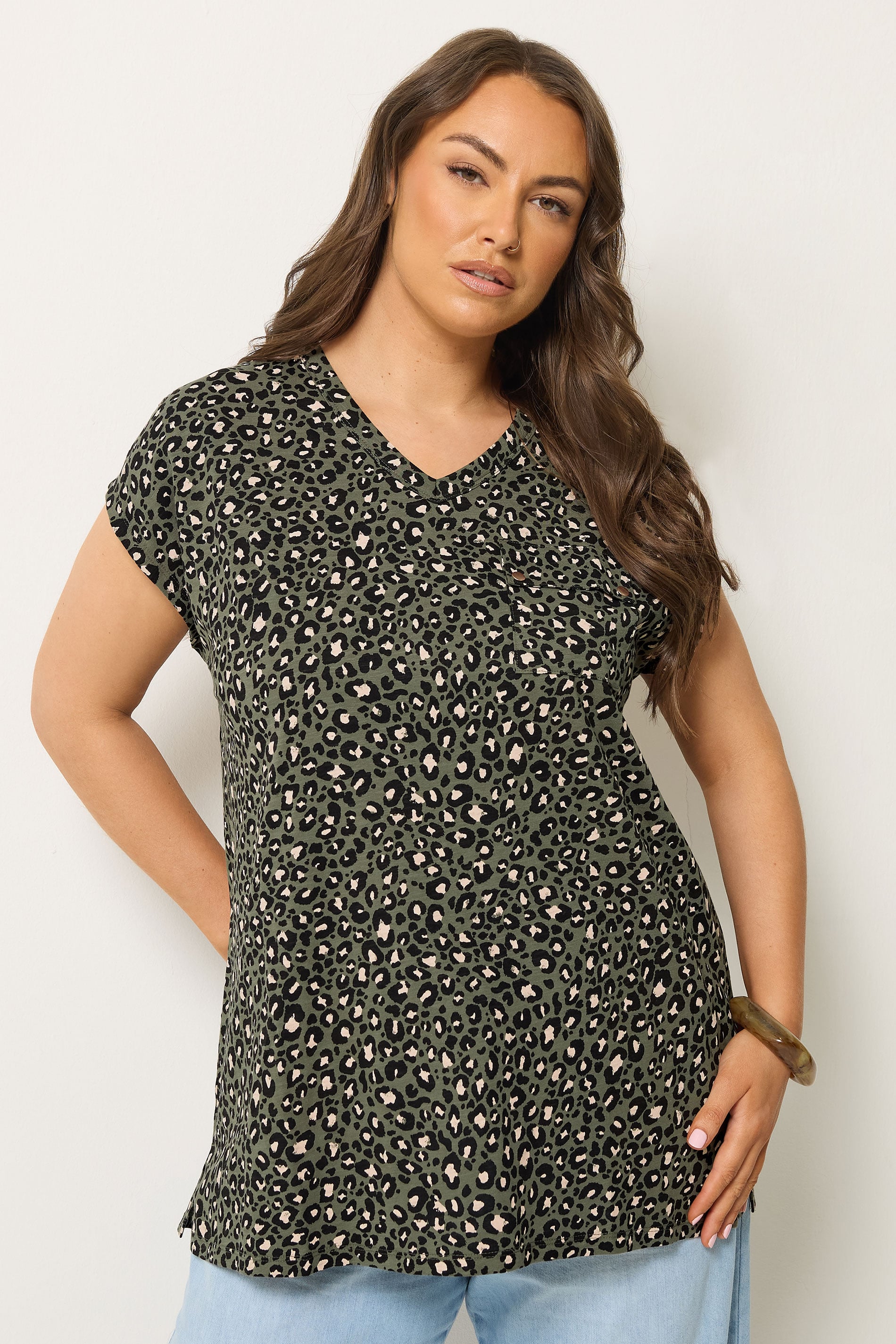 YOURS Plus Size Khaki Green Leopard Stud Pocket T-Shirt | Yours Clothing 3