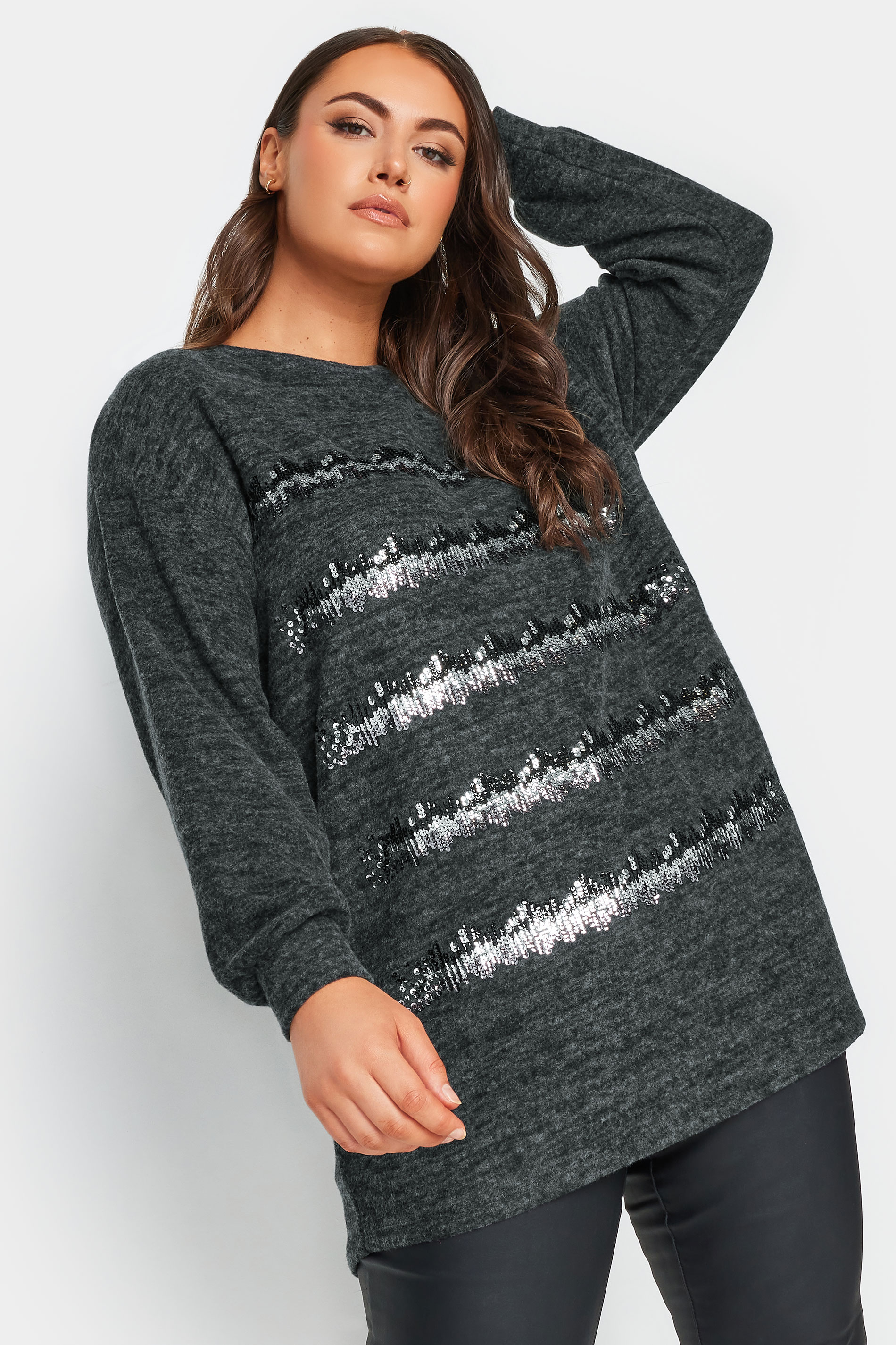 YOURS Plus Size Charcoal Grey Sequin Embellished Stripe Jumper | Yours Clothing 1