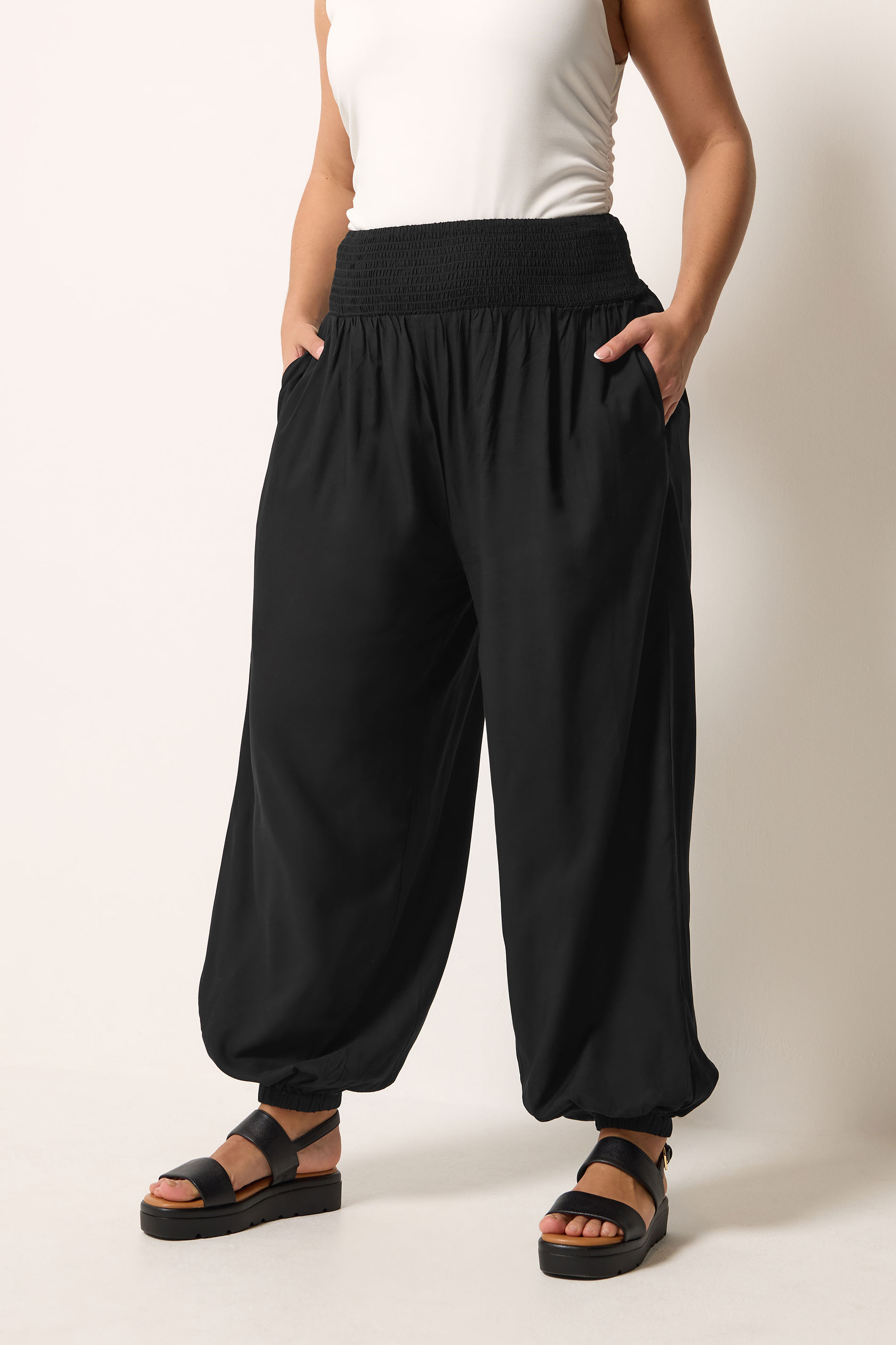 YOURS Plus Size Black Balloon Shirred Waist Trousers | Yours Clothing 3