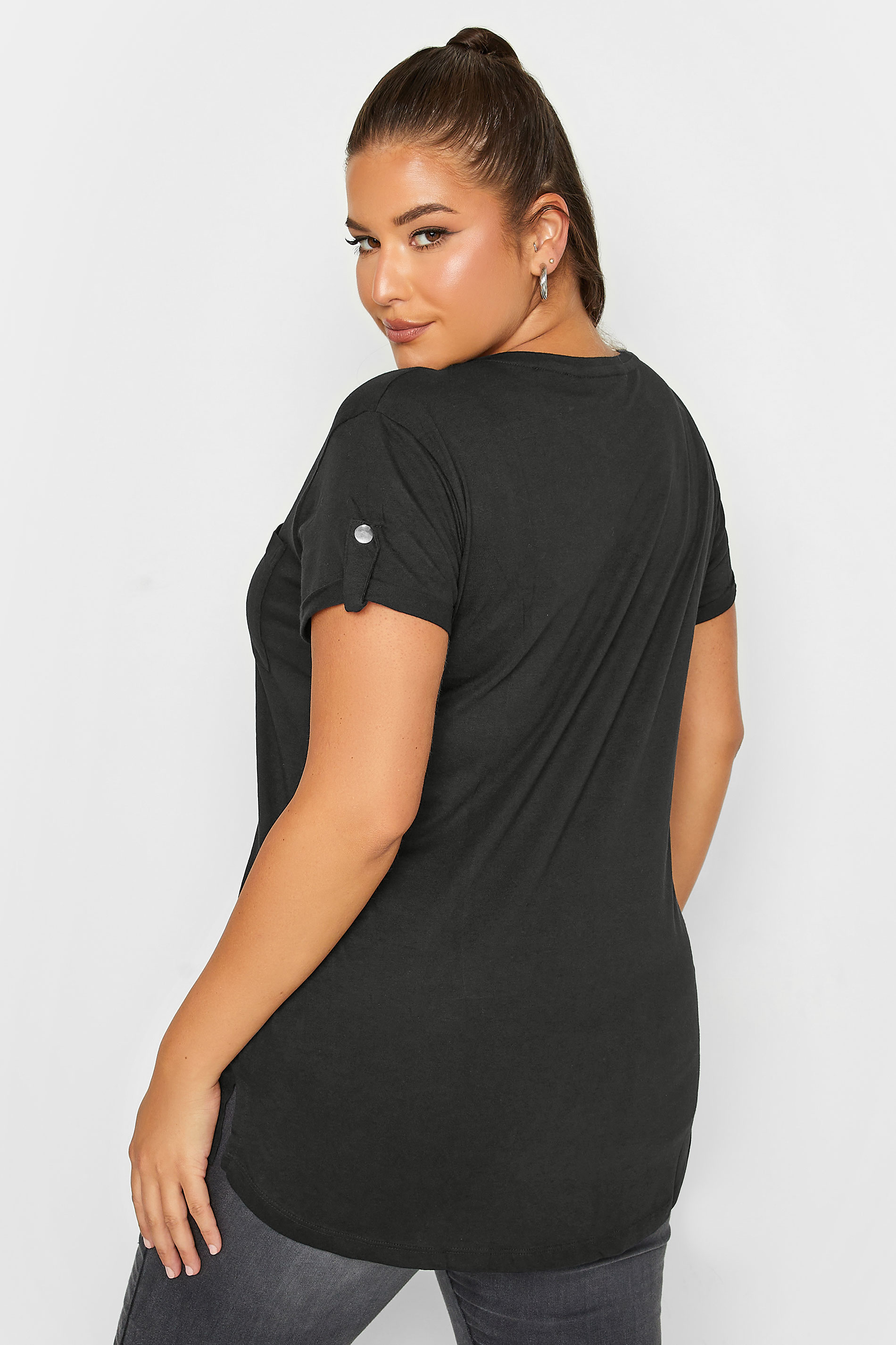 Plus Size Black Pocket Dipped Hem T-Shirt | Yours Clothing 3