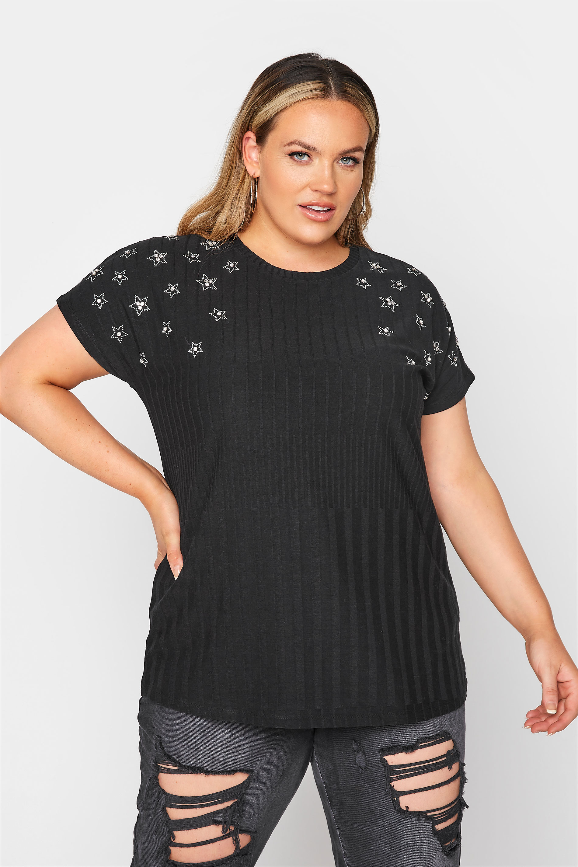 Plus Size Black Star Embellished Tunic Top | Yours Clothing 1