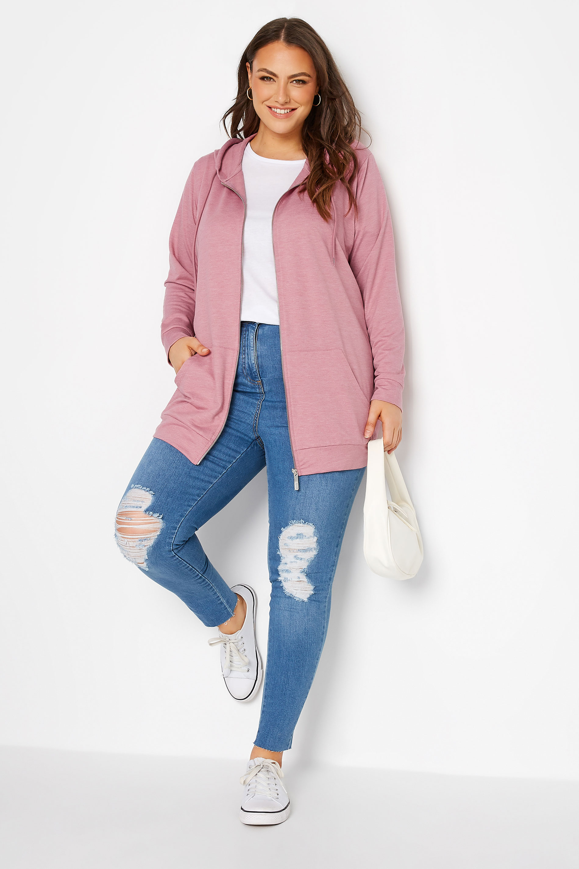 Plus Size Pink Marl Zip Through Hoodie | Yours Clothing 2