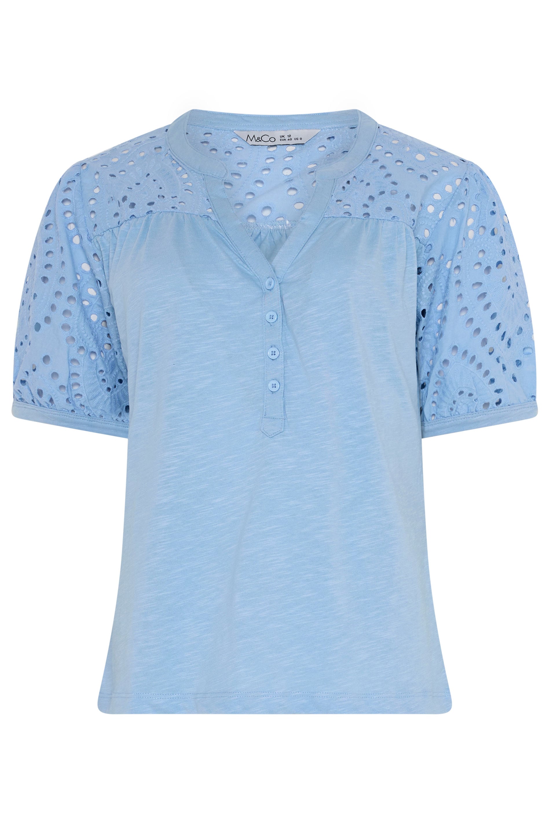 M&Co Light Blue Broderie Cotton Half Placket Top | M&Co 1