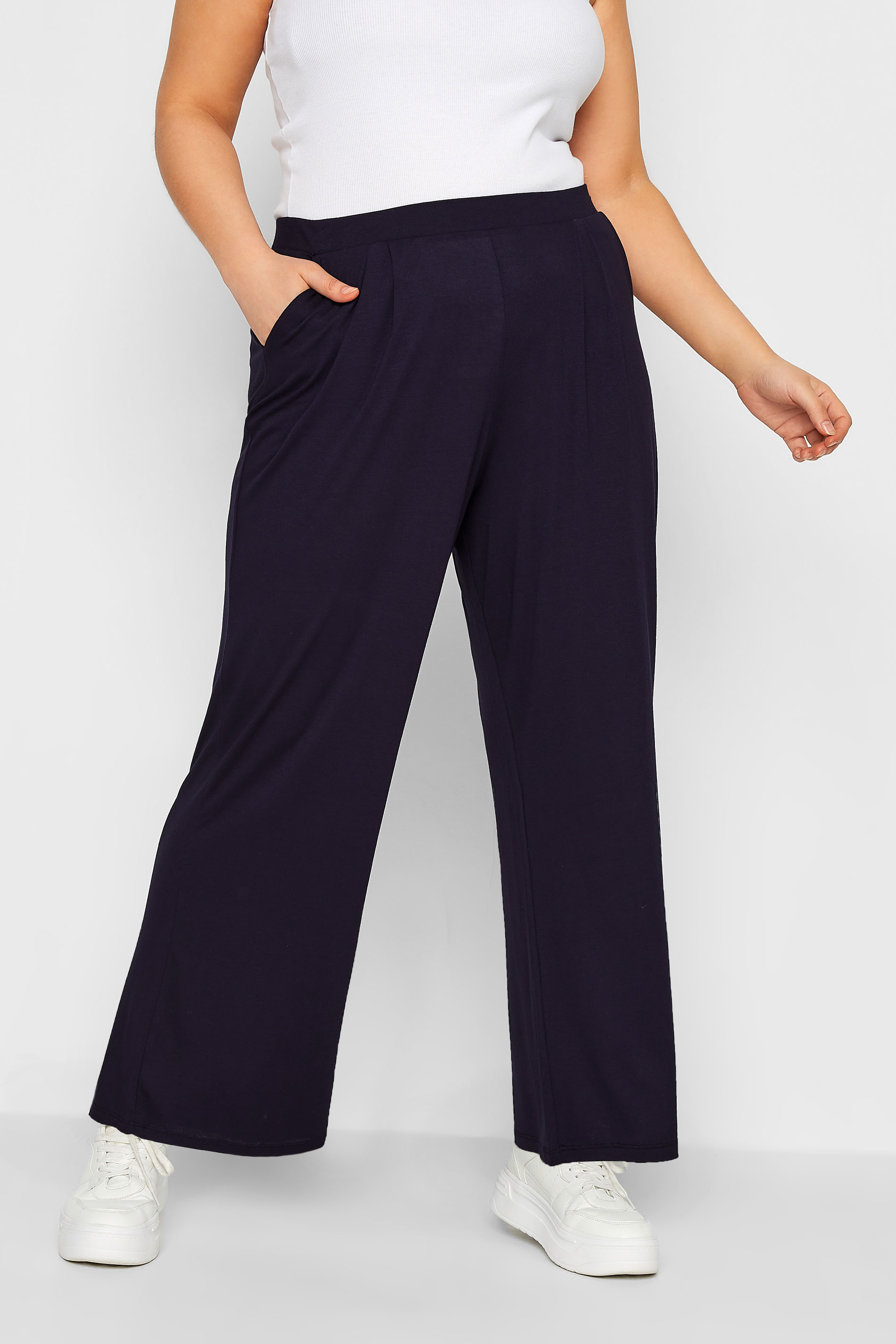 YOURS Plus Size Navy Blue Pleat Stretch Wide Leg Trousers | Yours Clothing 1