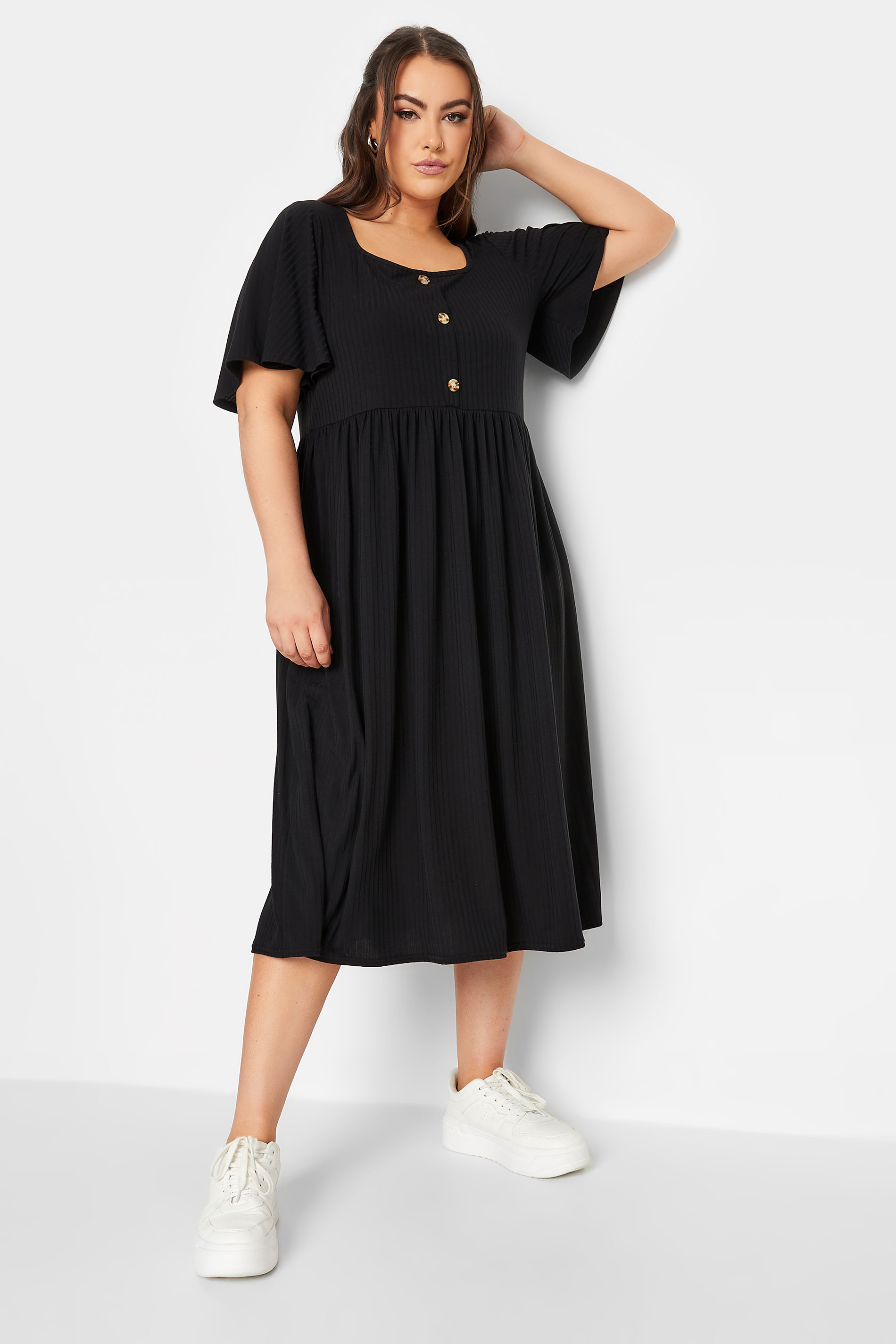 LIMITED COLLECTION Plus Size Black Ribbed Square Neck Midi Dress | Yours Clothing 1