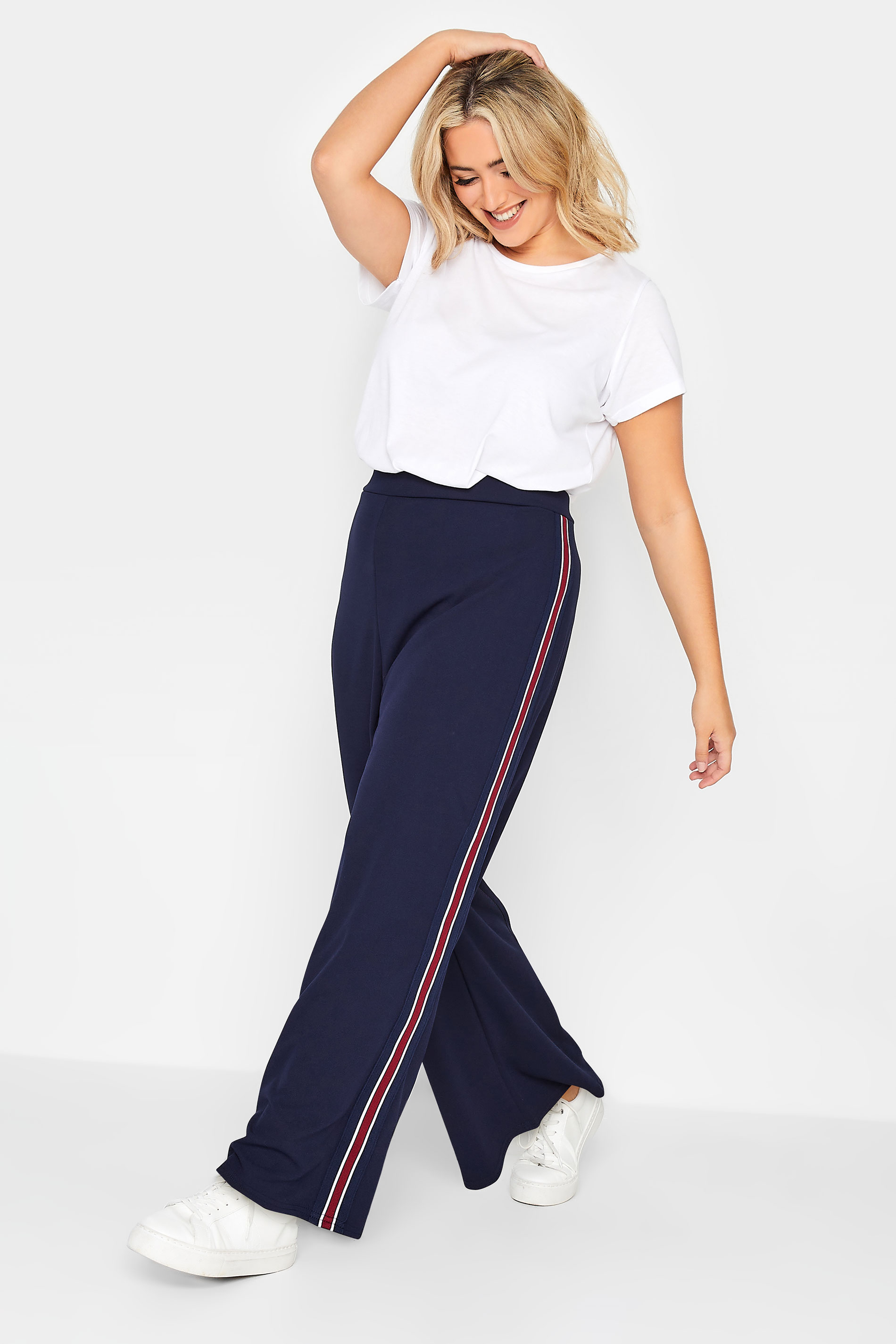 YOURS PETITE Plus Size Navy Blue Block Stripe Wide Leg Trousers | Yours Clothing 2