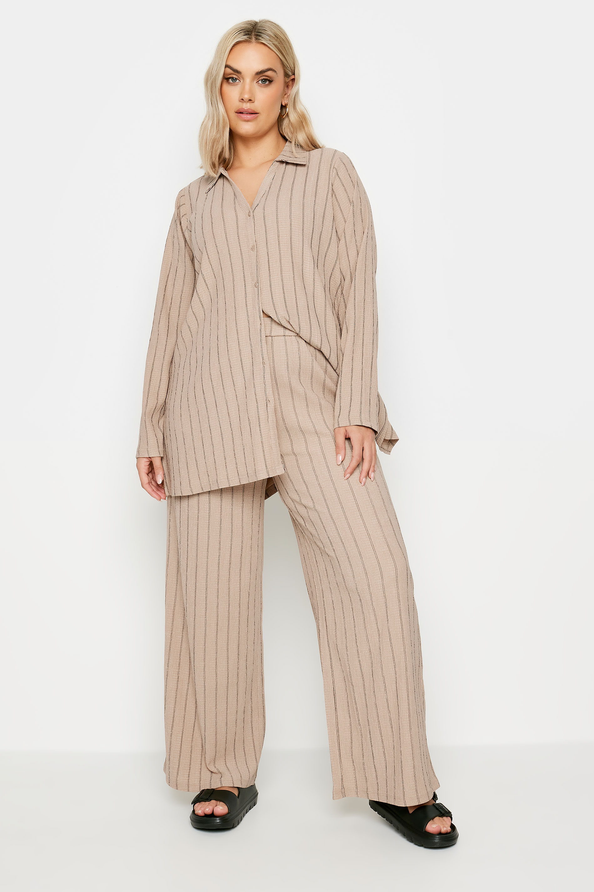 YOURS Plus Size Natural Brown Textured Pinstripe Shirt | Yours Clothing 3