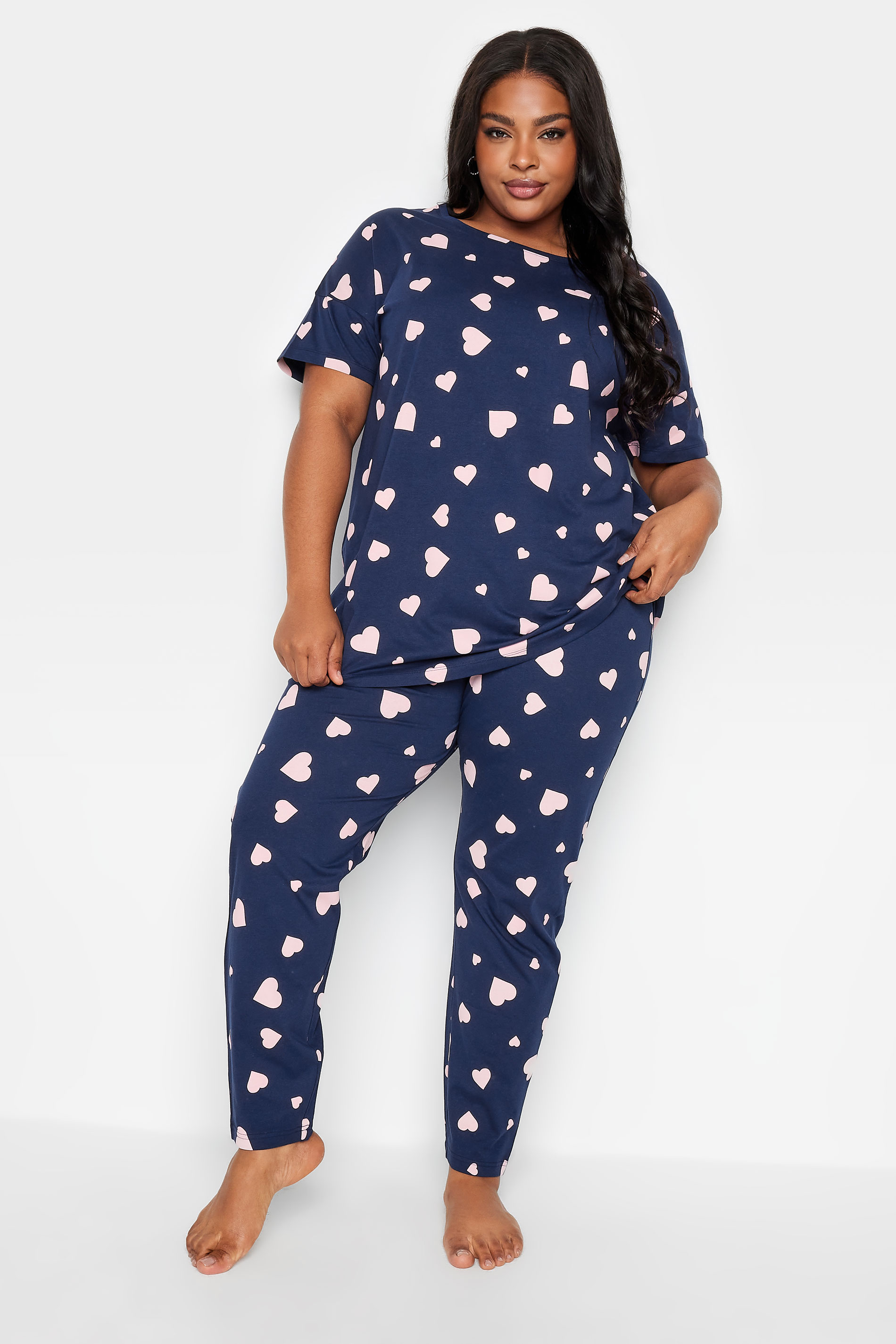YOURS Plus Size Navy Blue Heart Print Pyjama Set | Yours Clothing 2