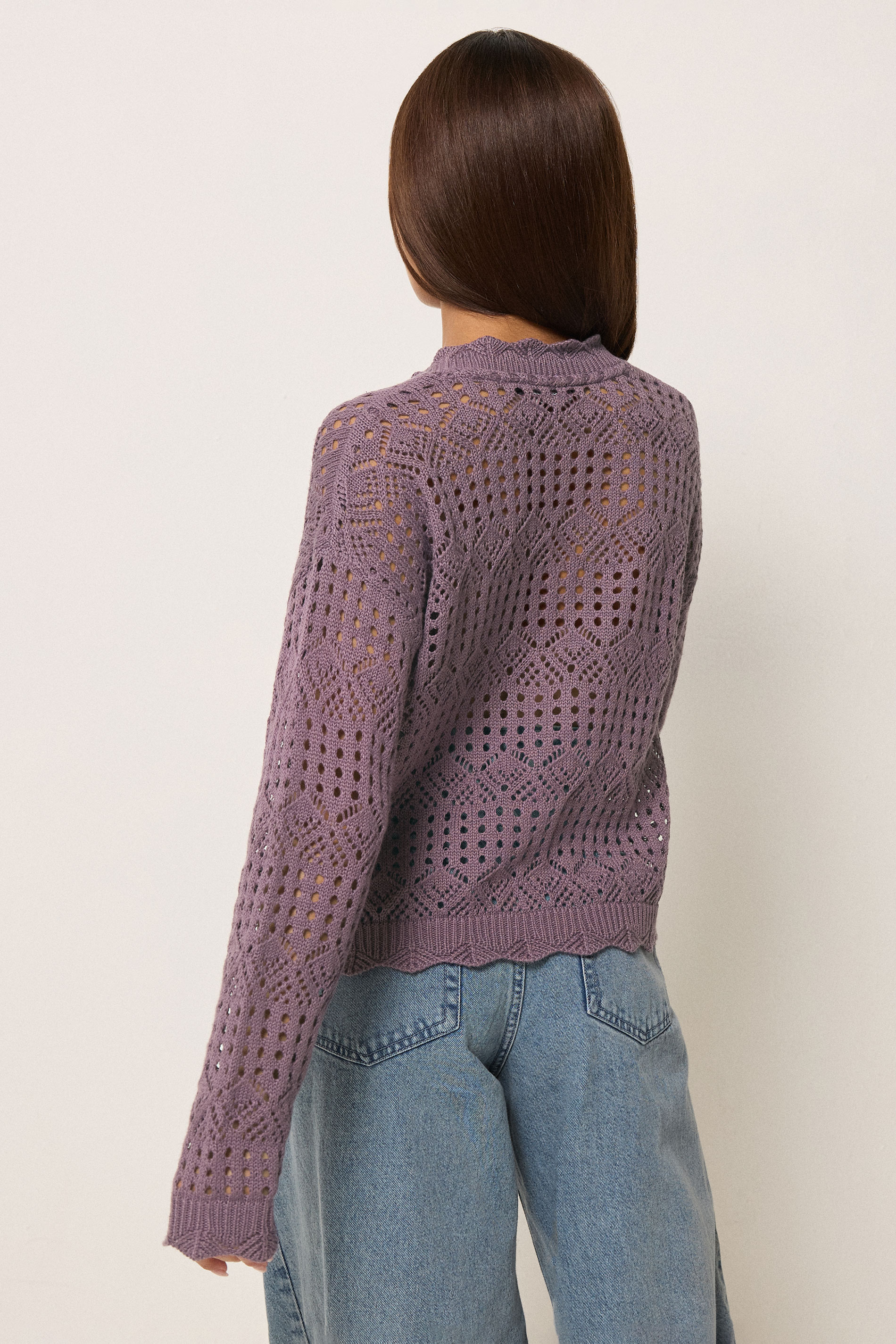 PixieGirl Petite Women's Plum Purple Crochet Button Cardigan | PixieGirl 2