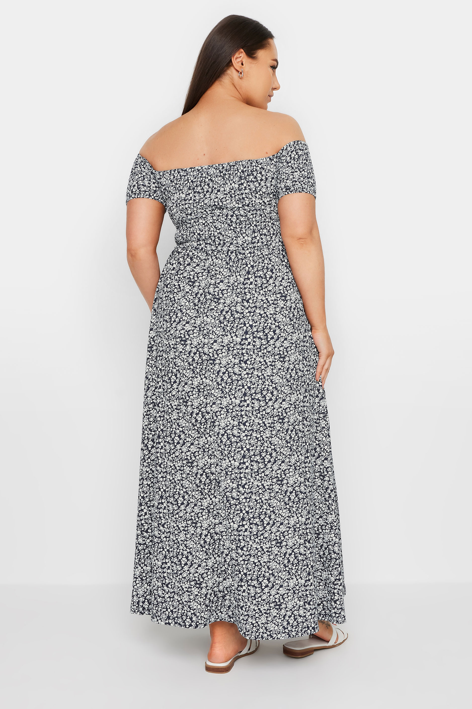 YOURS Plus Size Navy Blue Floral Print Bardot Midaxi Dress | Yours Clothing 3