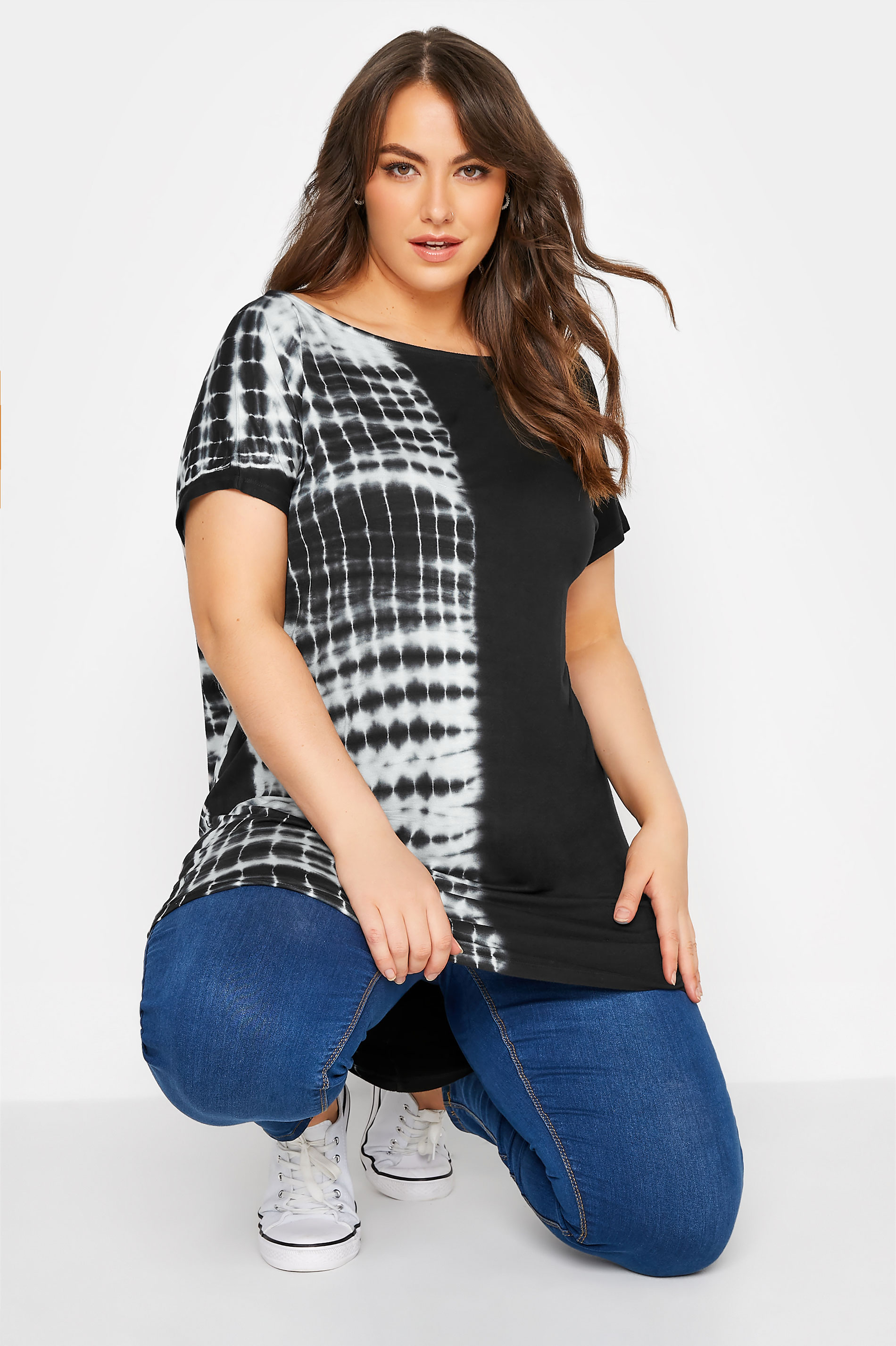 Grande taille  Tops Grande taille  T-Shirts | T-Shirt Noir Tie & Dye Manches Courtes - ZO85975