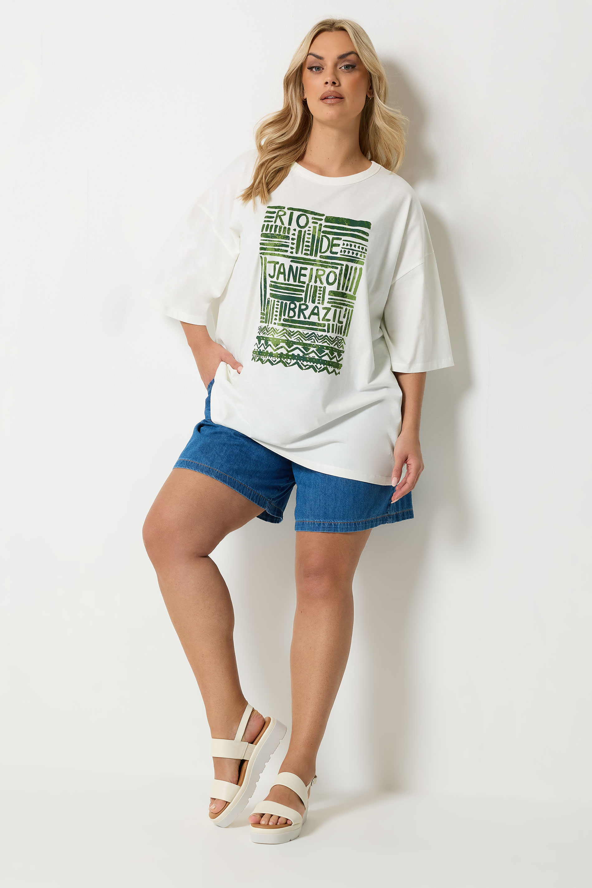 YOURS Plus Size Cream 'Rio' Abstract Boxy T-Shirt | Yours Clothing 1