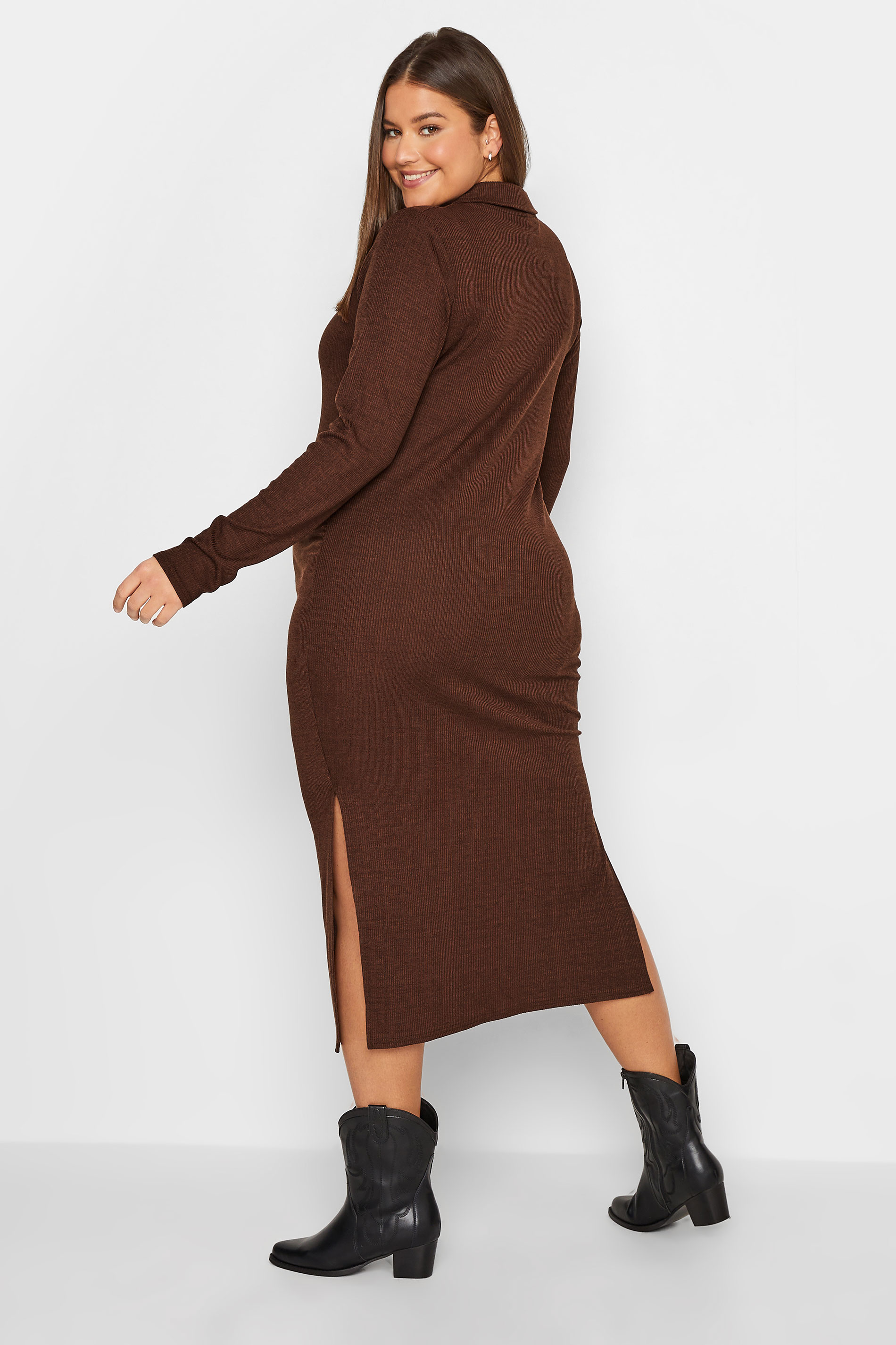 LTS Maternity Brown Ribbed Polo Midi Dress | Long Tall Sally 3