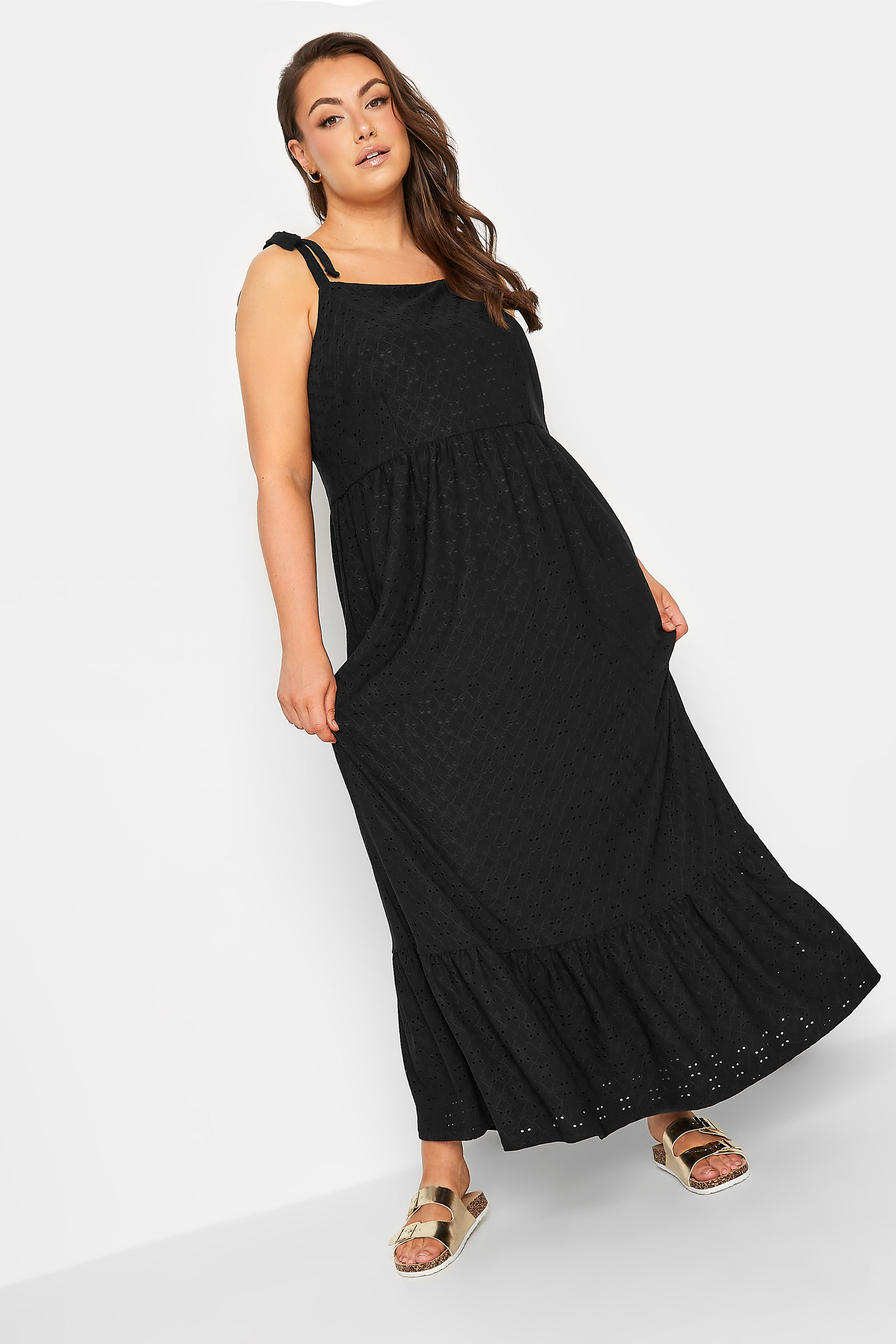 YOURS Curve Plus Size Black Broderie Anglaise Maxi Dress | Yours Clothing  1
