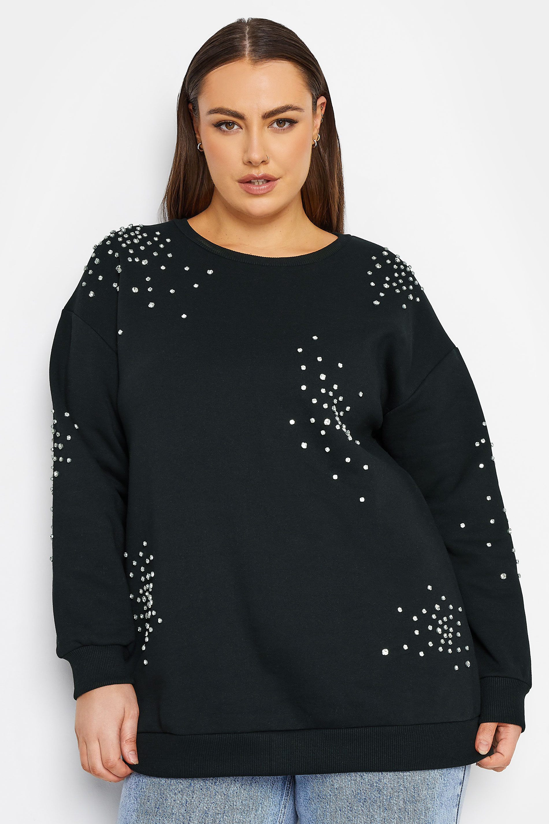 YOURS LUXURY Plus Size Curve Black Sequin Embellished Long Sleeve Sweatshirt | Yours Clothing  2