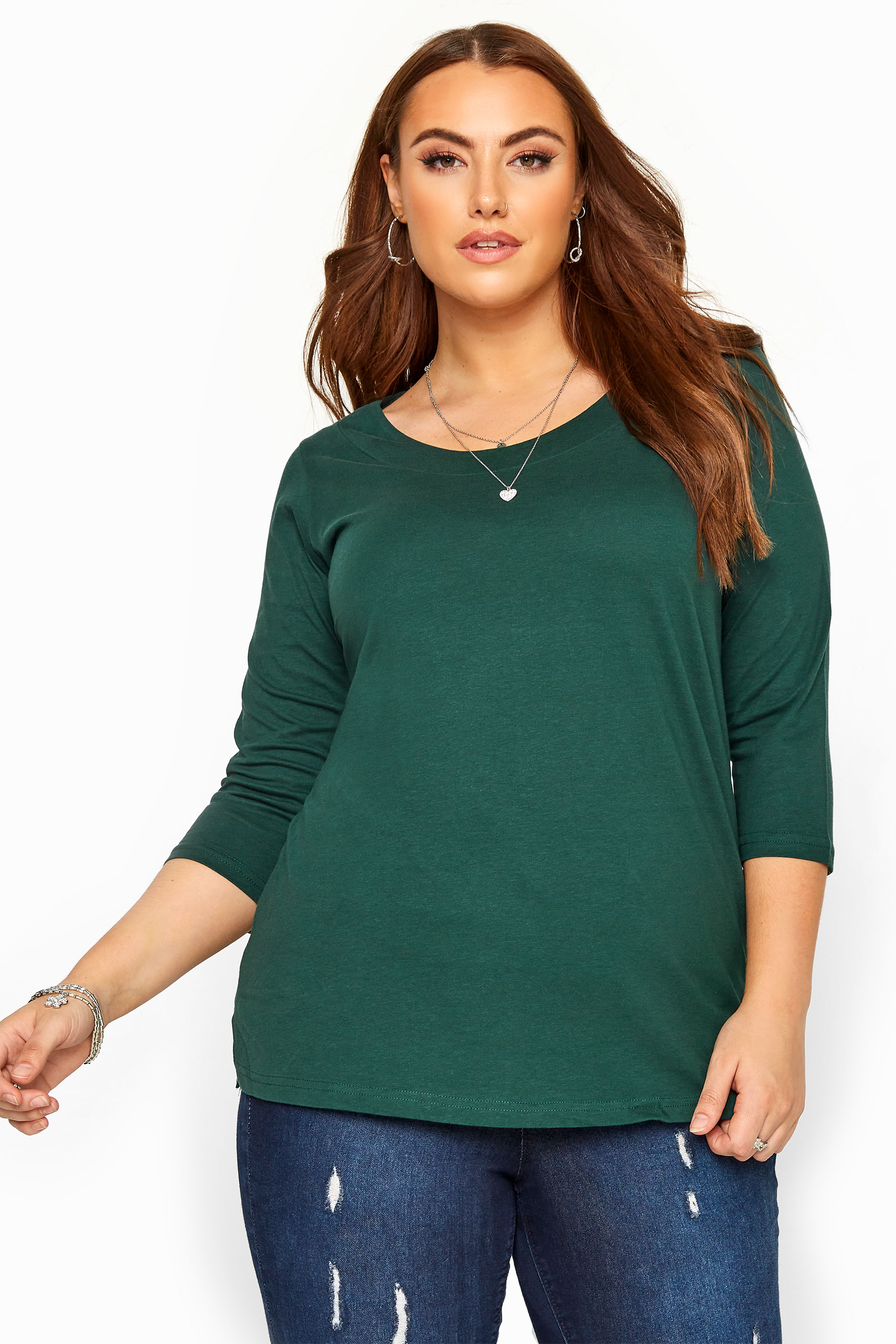 Dark Green 3/4 Length Sleeve Jersey Top | Sizes 16-36 | Yours Clothing