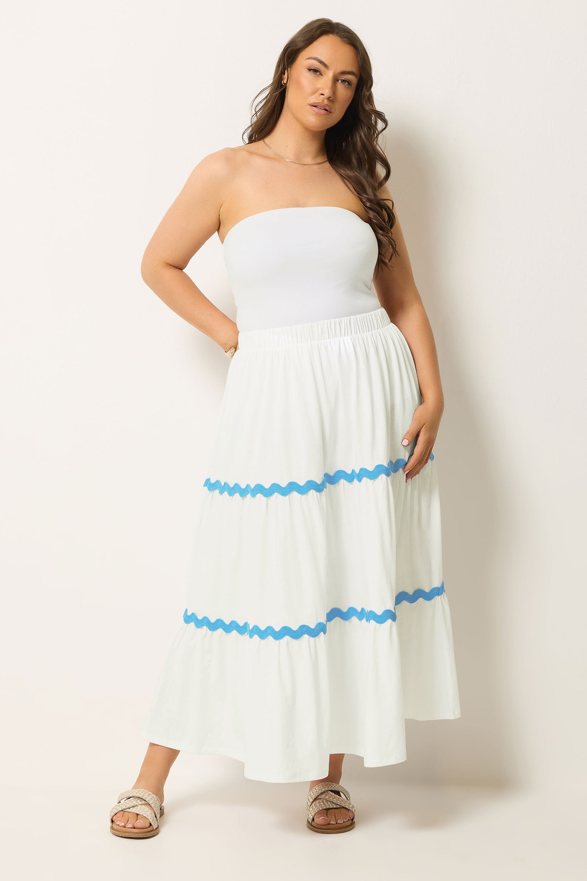 YOURS Plus Size White Wavy Detail Tiered Maxi Skirt | Yours Clothing 1