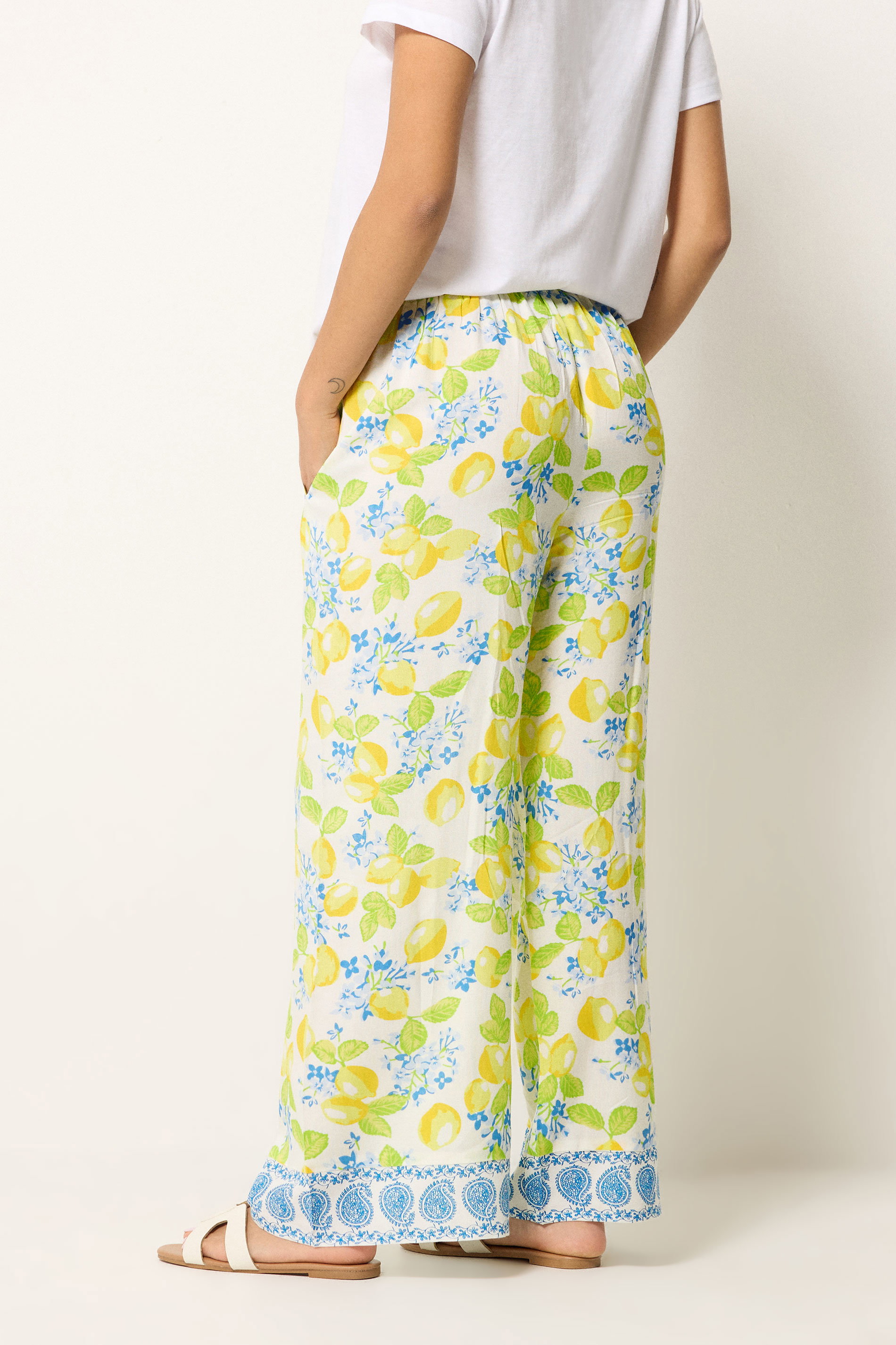PixieGirl Petite Women's Yellow Lemon Print Wide Leg Trousers | PixieGirl 2