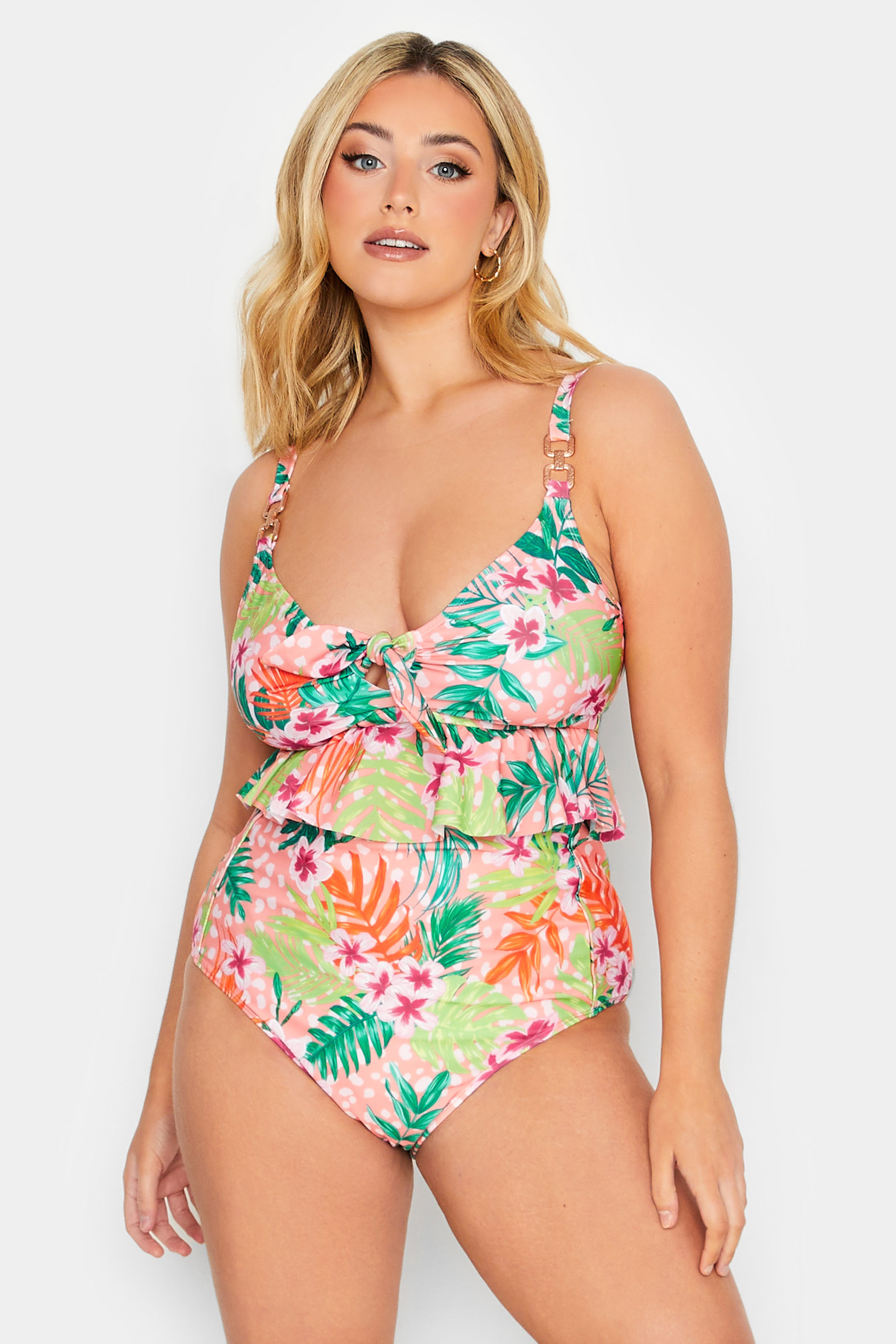 YOURS Curve Plus Size Pink Floral Front Knot Bikini Top | Yours Clothing  1