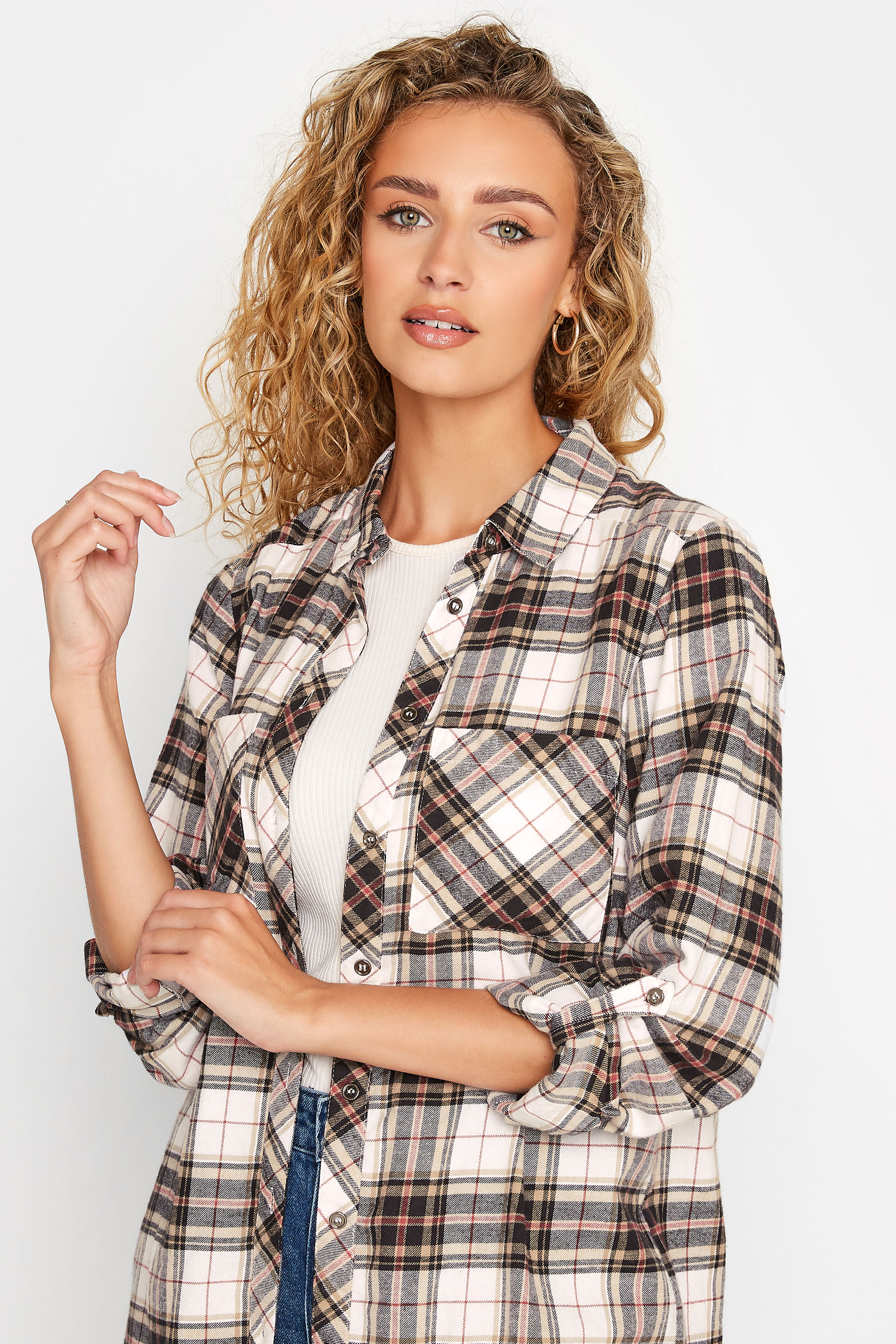 LTS Tall Beige Brown Checked Shirt 1