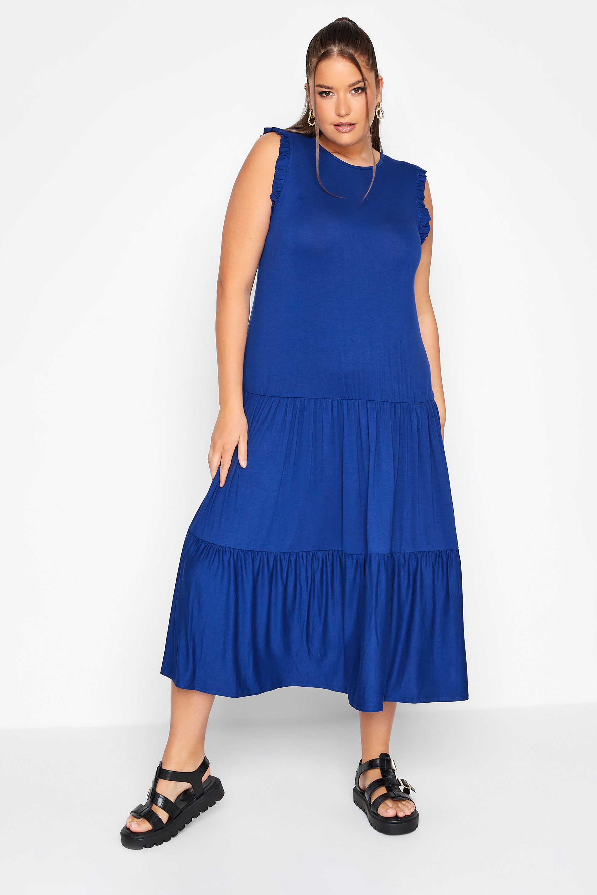 LIMITED COLLECTION Curve Cobalt Blue Frill Sleeve Smock Maxi Dress_A.jpg