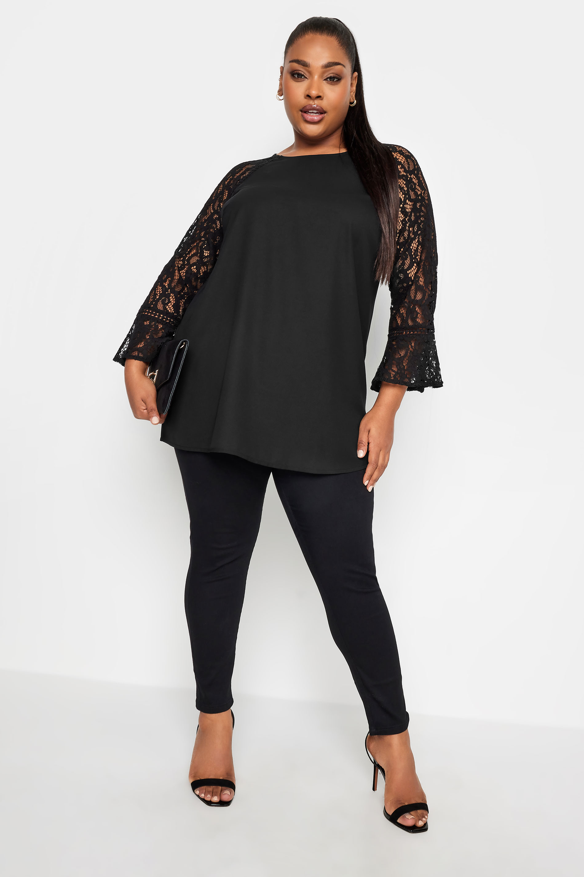 YOURS LONDON Curve Black Lace Flute Sleeve Top | Yours Clothing 2