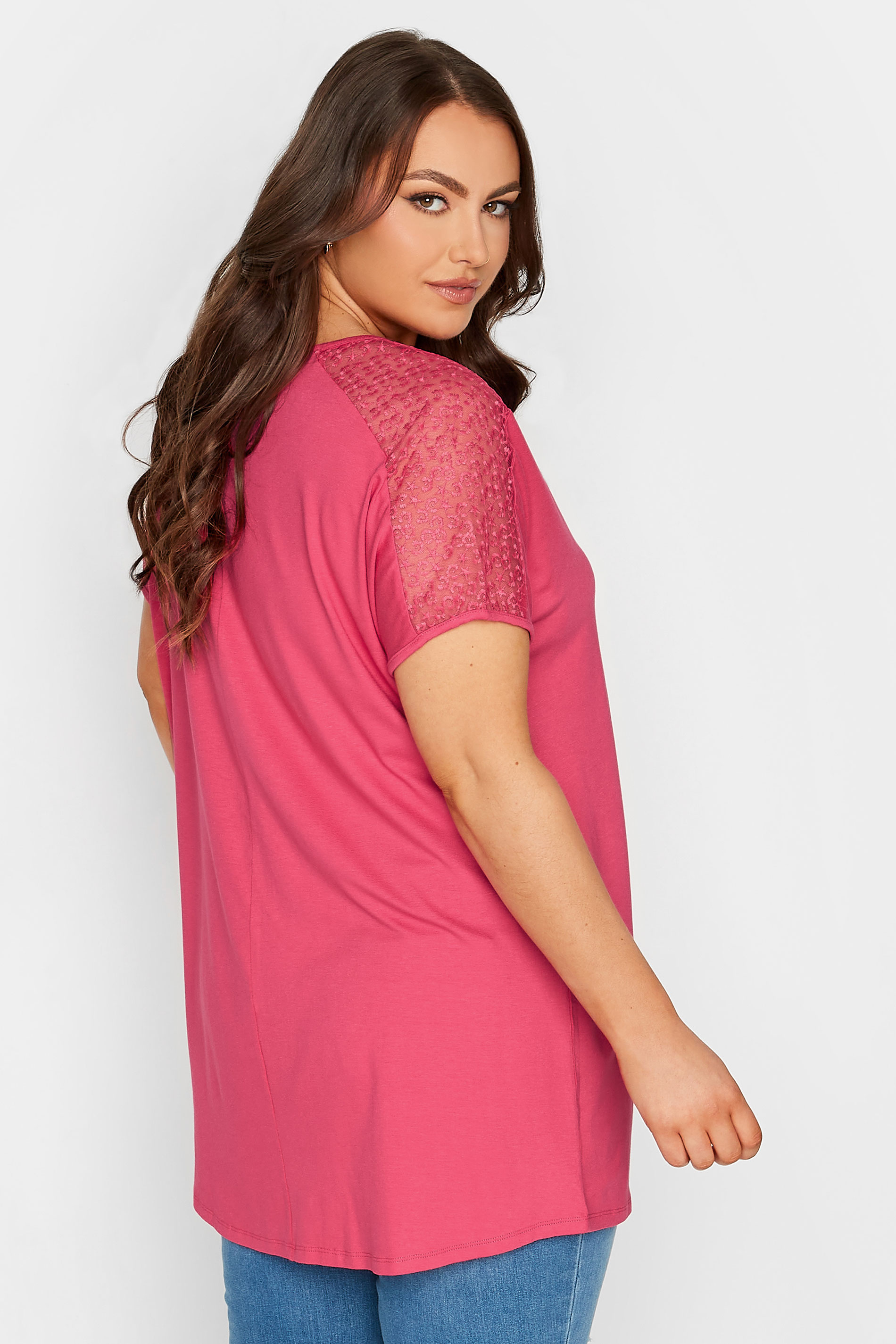 YOURS Plus Size Pink Lace Sleeve Zip T-Shirt | Yours Clothing 3