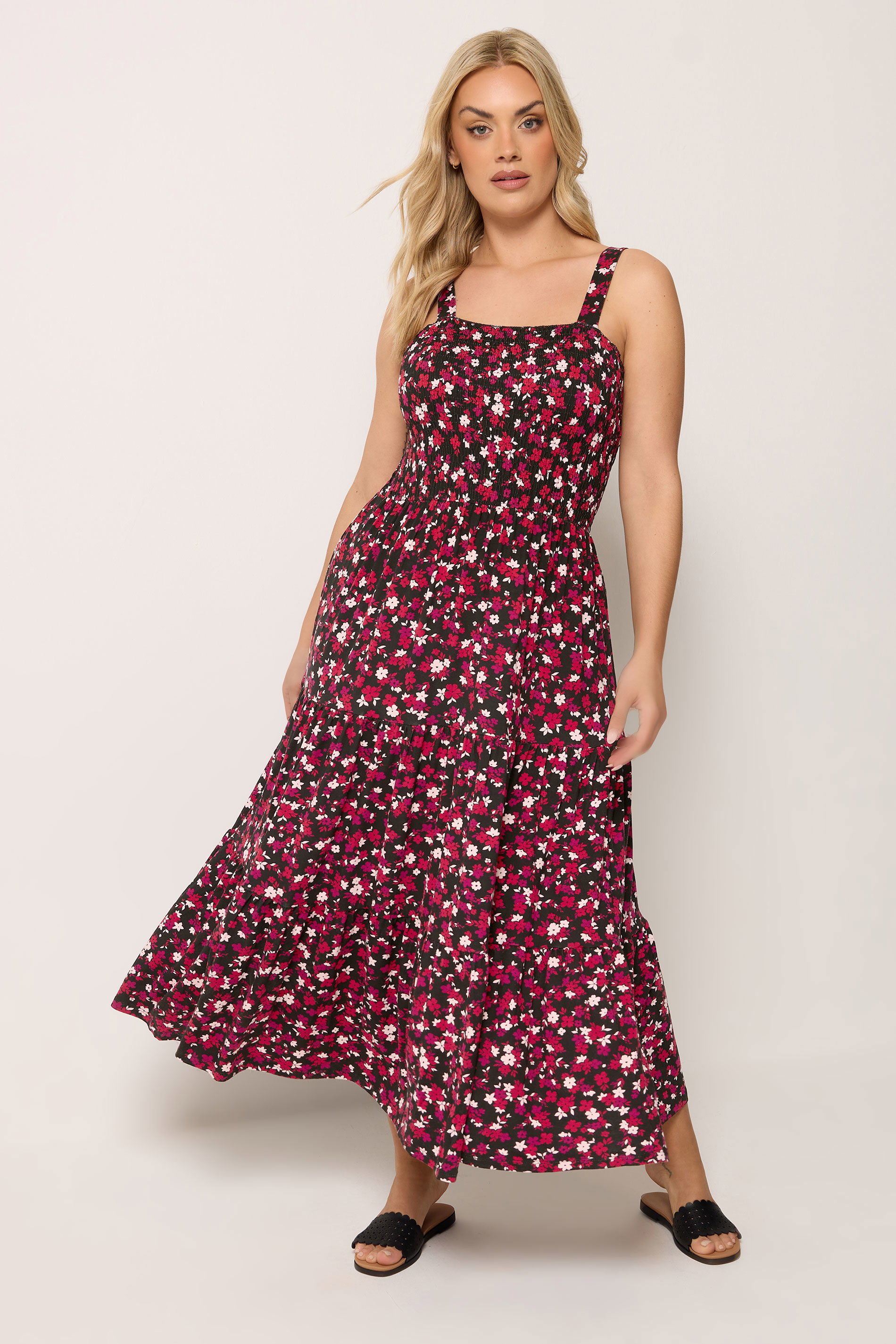 YOURS Plus Size Black Floral Shirred Dress | Yours Clothing 1